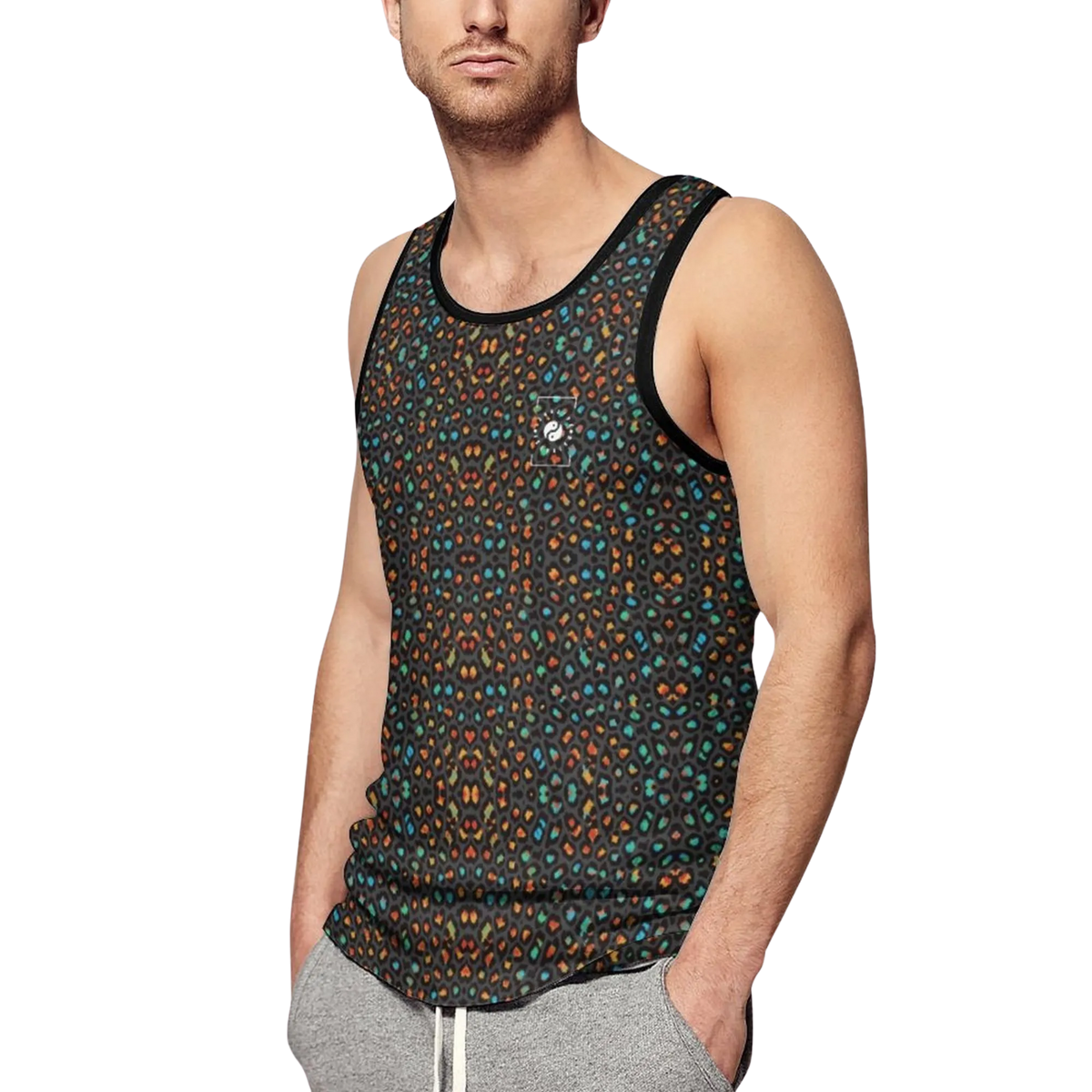 Wild Leopards tank top in a vibrant black and orange leopard print, worn with gray sweatpants for a casual look.