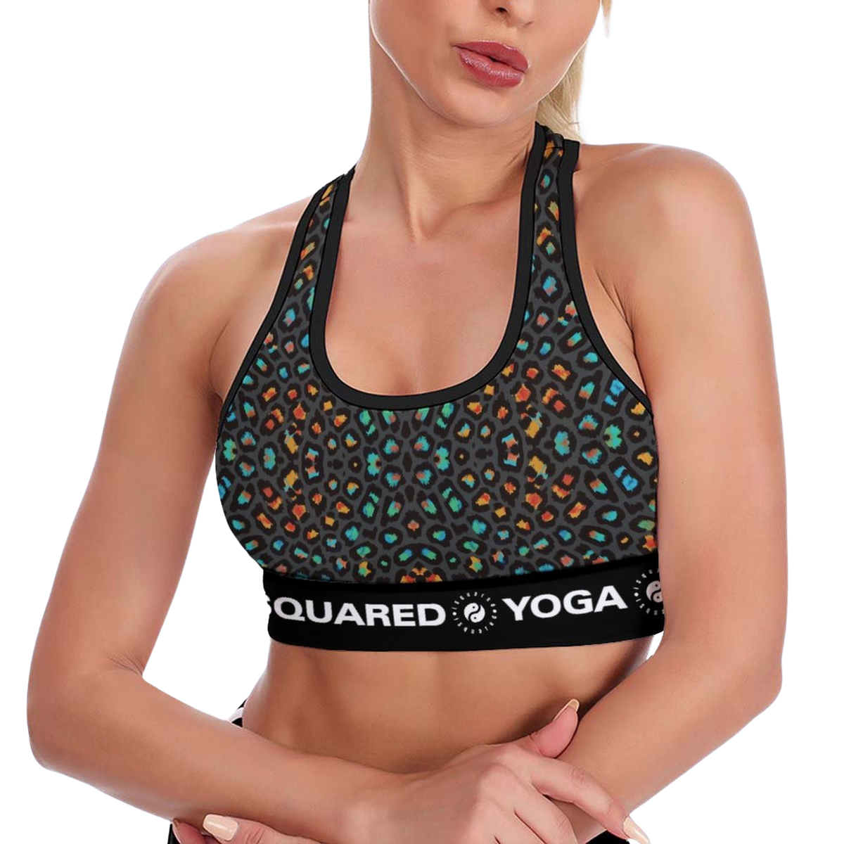 Dynamic Lift Sports Bra featuring a vibrant leopard print in black, orange, and teal colors, with a black "iSquared Yoga" band.