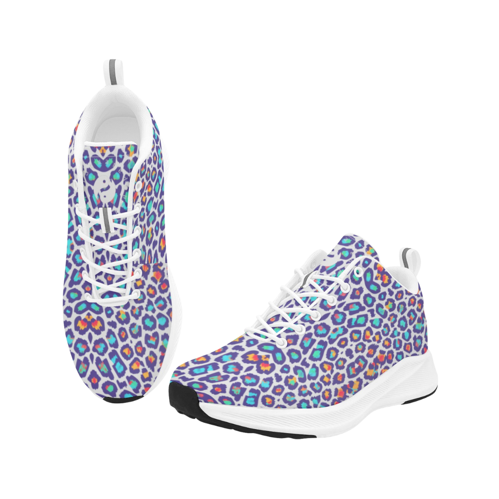 Vibrant purple leopard print running shoes with white laces and accents, featuring a sleek, modern design.