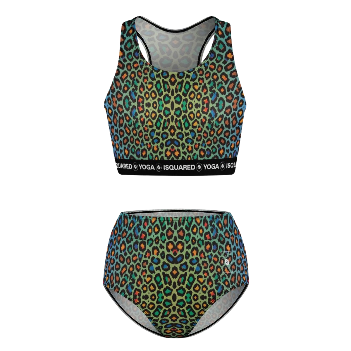 Hot yoga bikini set featuring a vibrant leopard print in greens, oranges, and blacks. Includes a supportive crop top and high-waisted bottoms.