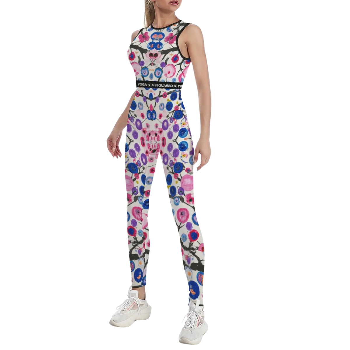 Sleeveless athletic jumpsuit with a colorful floral pattern, body-hugging fit, and a branded waistband. Worn with white sneakers.