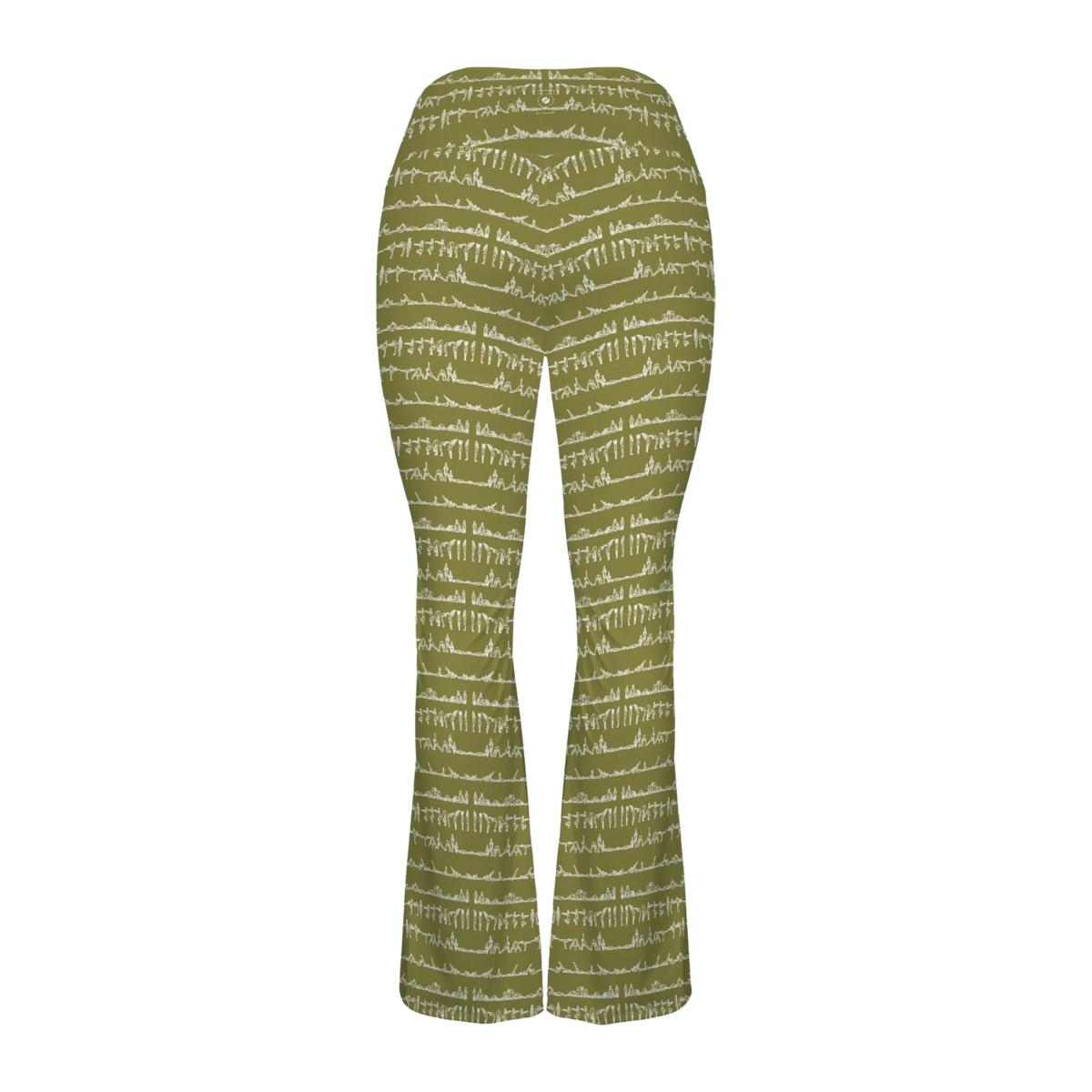Cross waisted flare leggings in olive green with white abstract yoga figures, designed for style and comfort in yoga practice.