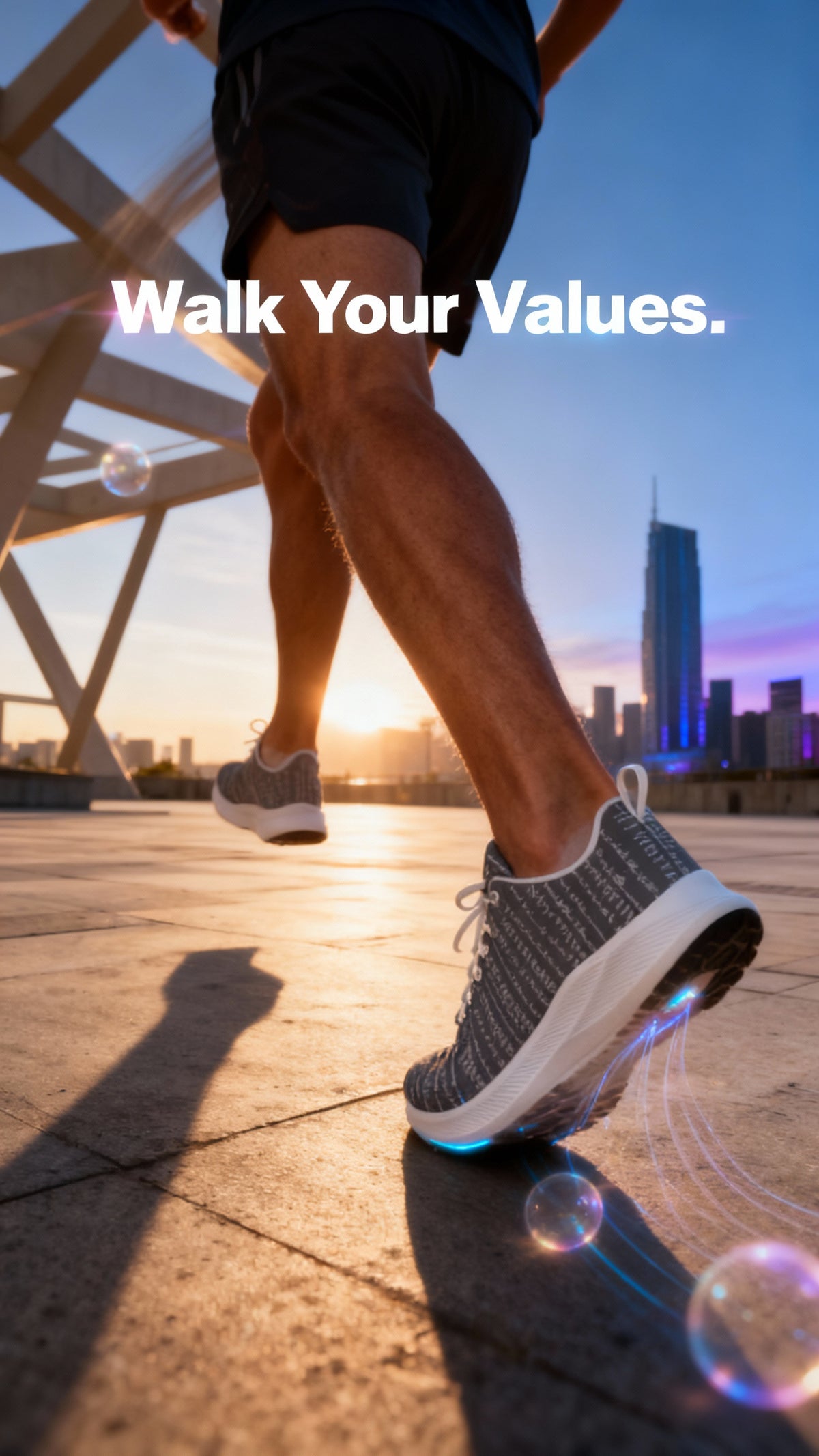 Gray and white iSquared Men Runners with reflective details, worn by a man in shorts, stepping on a sunlit urban pavement.