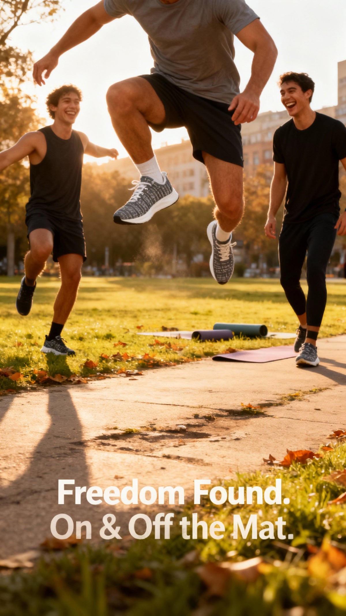 Men are active outdoors in a park, two wearing black shorts and one in a gray shirt and shorts, showcasing iSquared Men Runners.