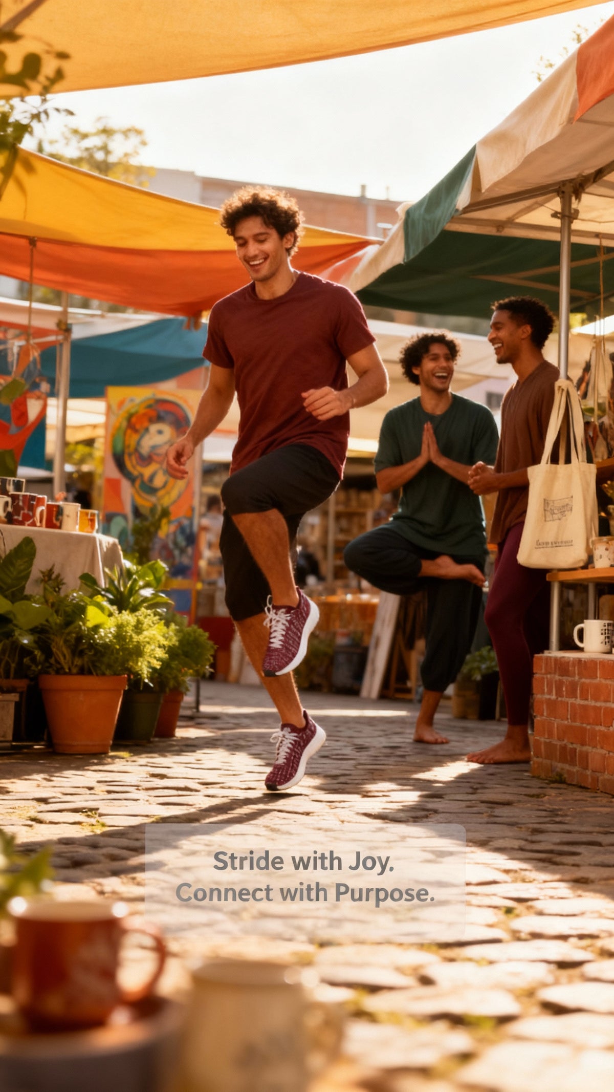 Men are wearing the Bikram Ember iSquared Runners in a vibrant purple shade, paired with dark shorts, while walking in a market.