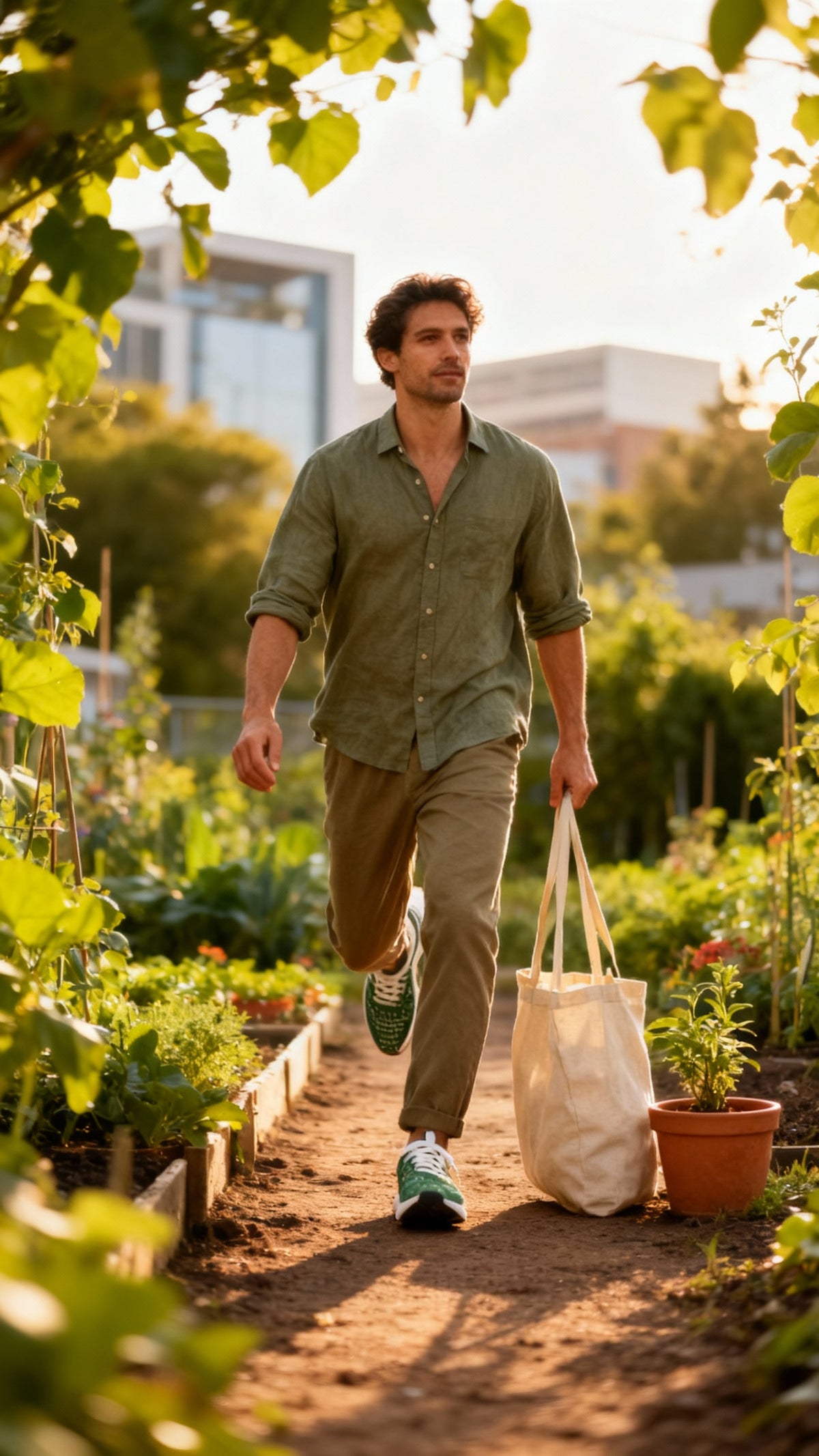 Men's Bikram Ember iSquared Runners, featuring green accents, worn with light-colored trousers, walking in a garden.