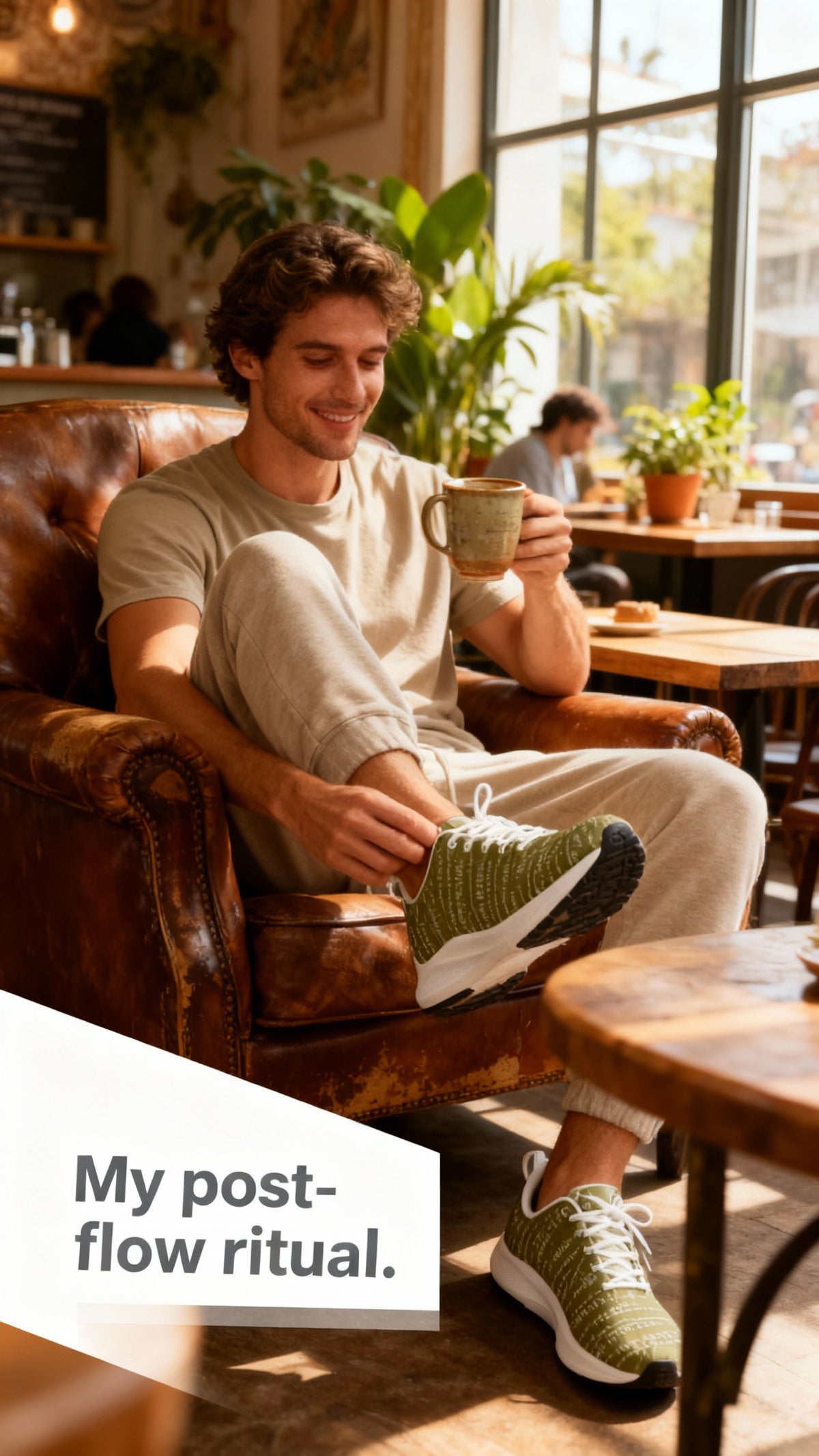 Men's iSquared Runners in green featuring a patterned upper, worn with light gray loungewear while seated comfortably.