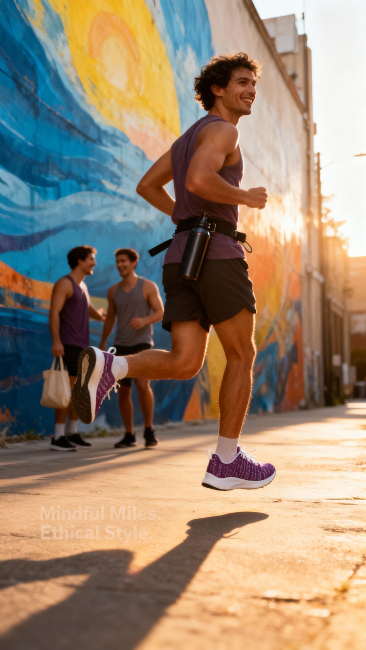 Men's purple iSquared Runners worn by a man in a sleeveless top and shorts, jogging on a sunlit street.