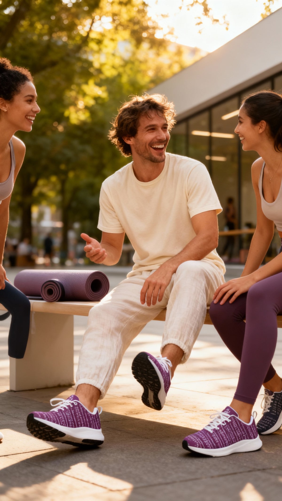 Men's Bikram Ember runners feature a purple patterned design, paired with light casual pants, worn while sitting on a bench.