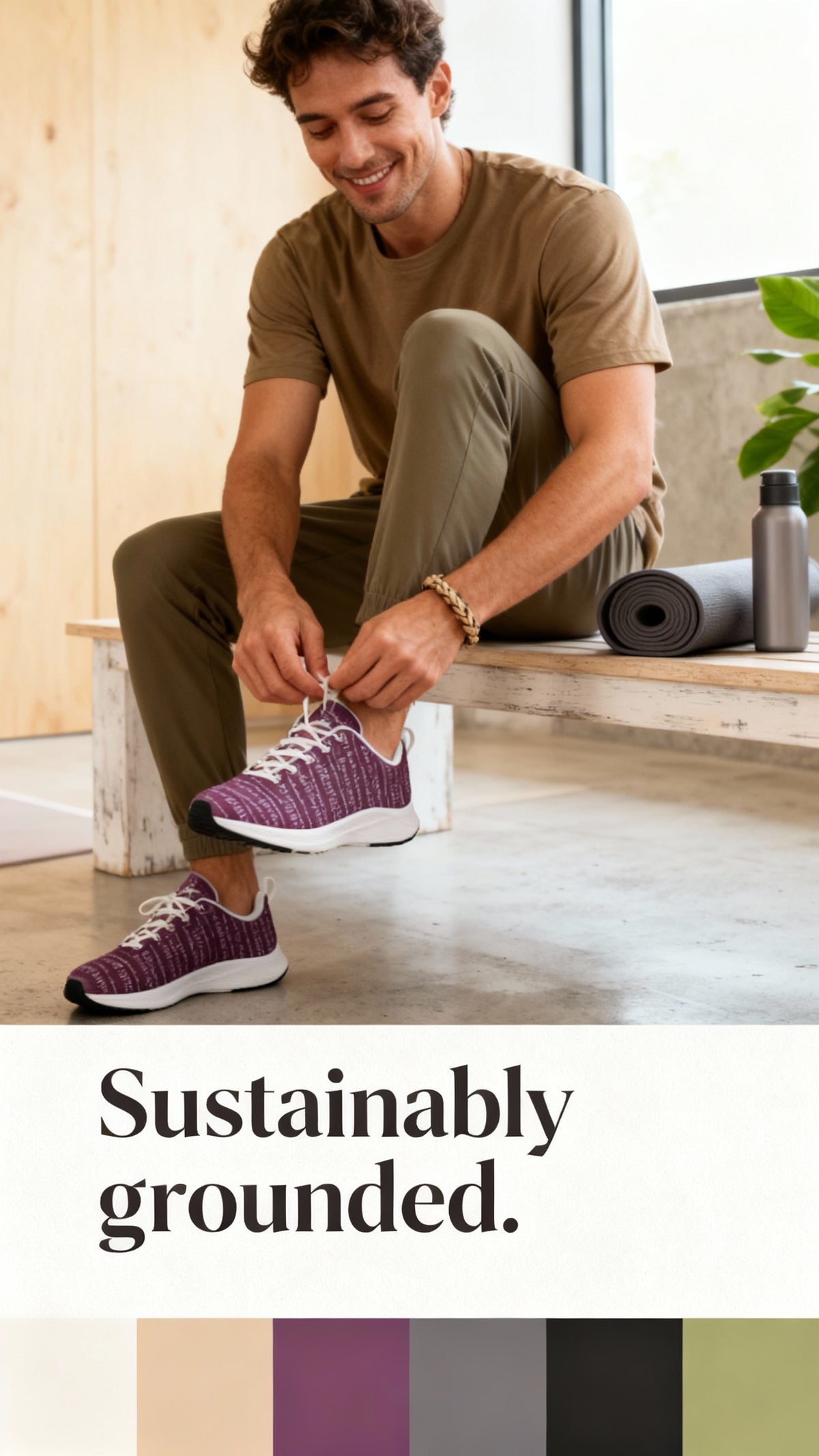 Bikram Ember iSquared Men Runners in dark purple with reflective accents, worn with olive green pants, and tan shirt.