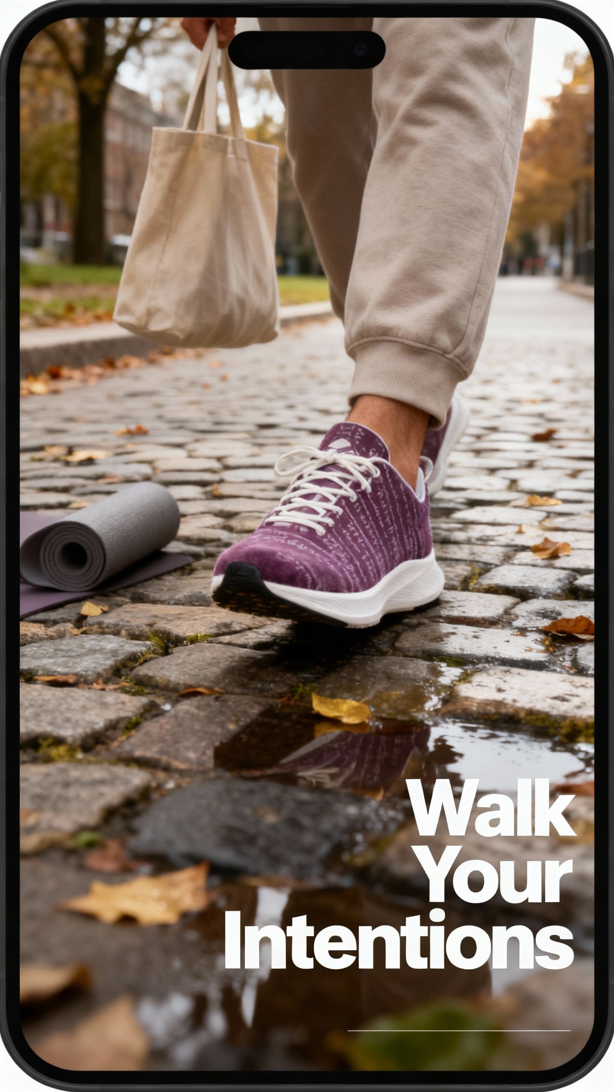 Bikram Ember iSquared Men Runners in purple, paired with beige joggers, walking on cobblestone with a yoga mat nearby.
