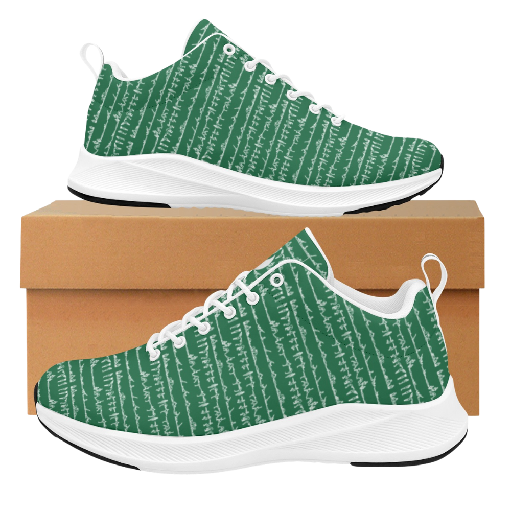 Bikram Ember iSquared Runners feature a green abstract design with white accents, showcasing a modern athletic style.