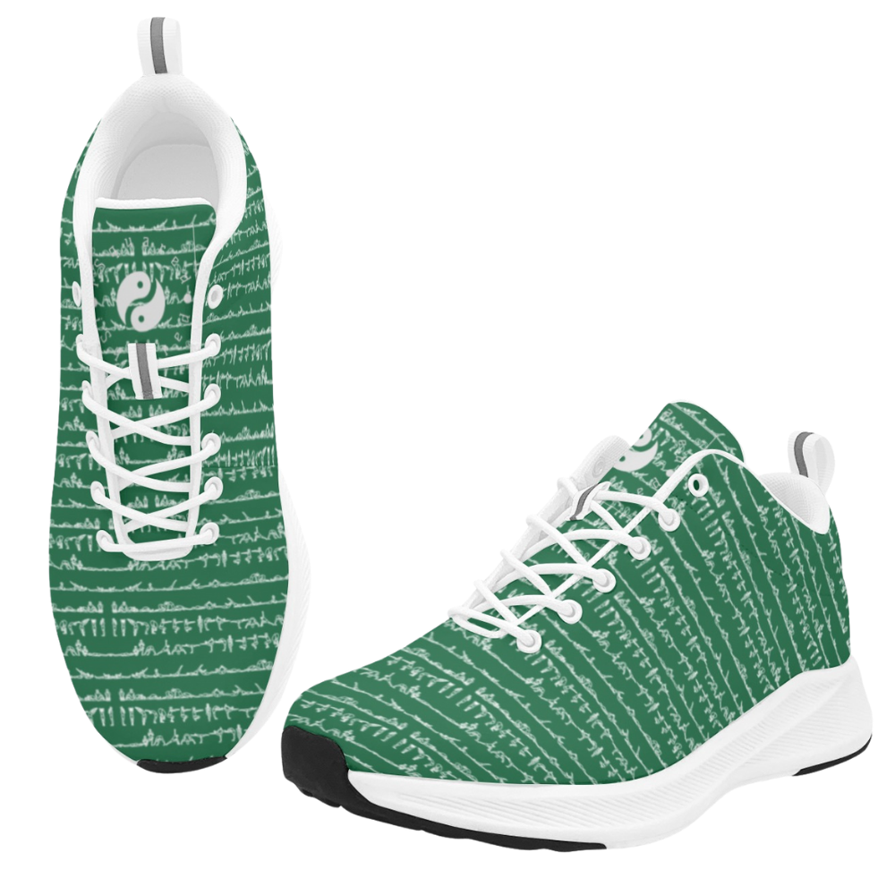 Green sneakers with a textured white pattern, featuring a white sole and laces. The design includes a yin-yang logo.
