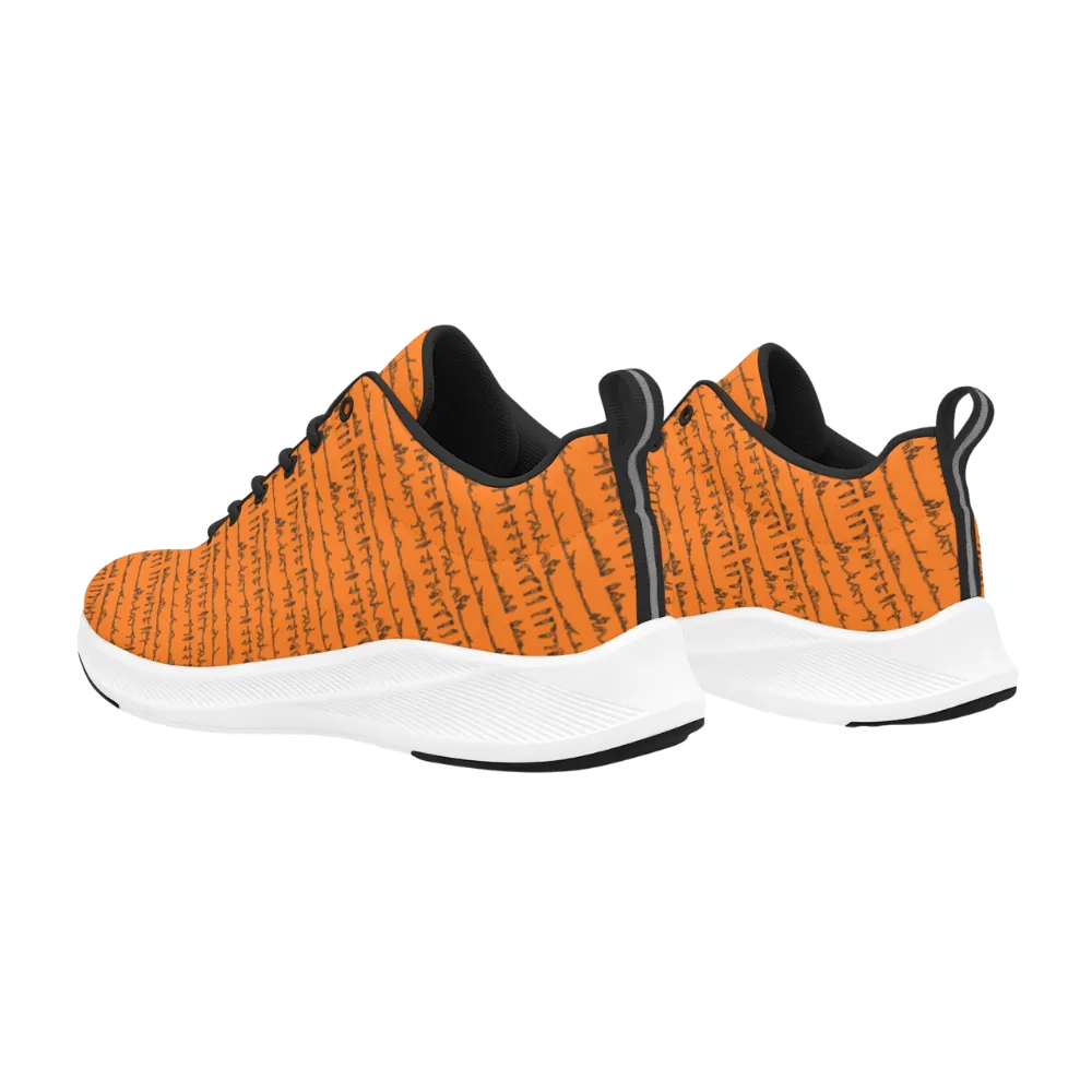 Bikram Series iSquared Men Runners feature an orange patterned upper with black accents and a white outsole.