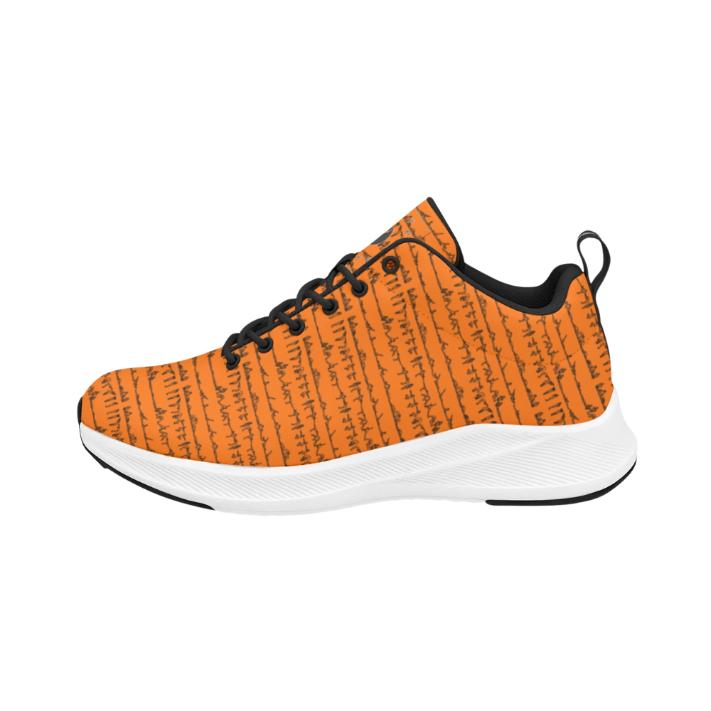 Orange patterned iSquared Men Runners with a black tongue and laces, featuring a white durable outsole.