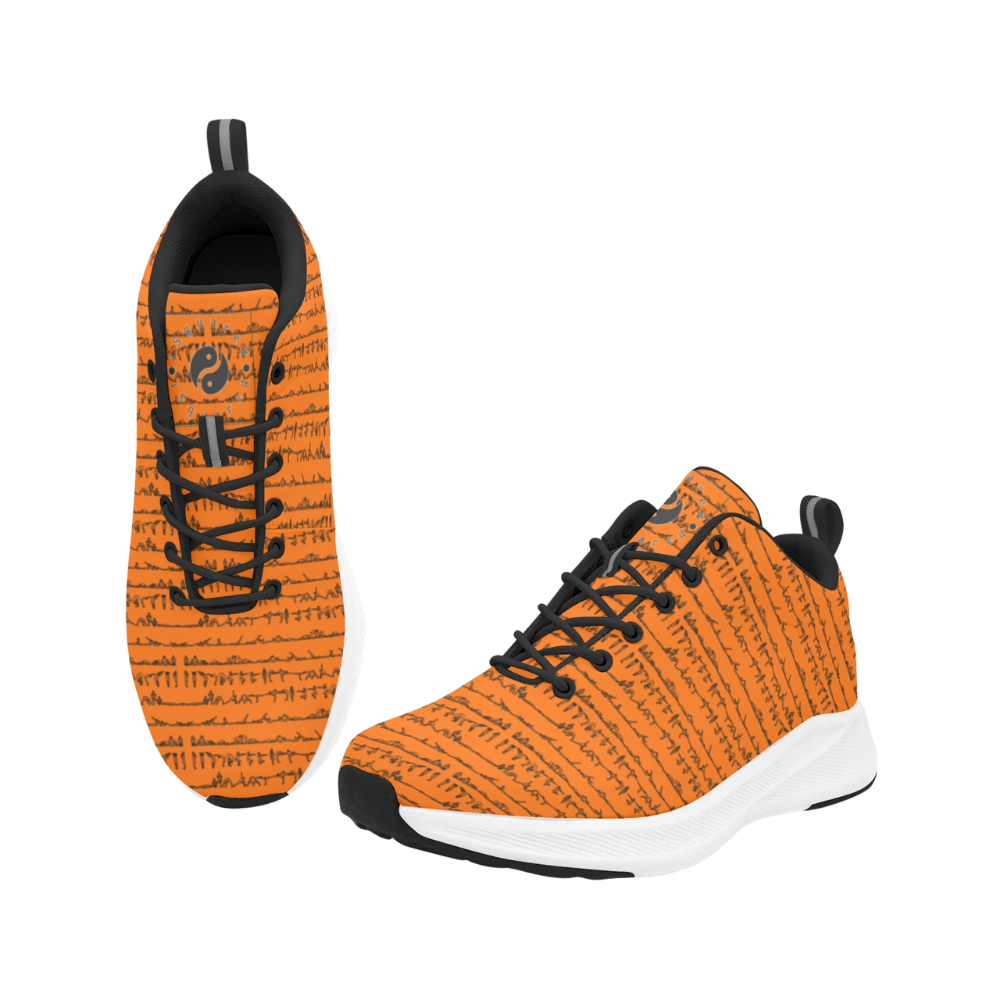 Bikram Series iSquared Men Runners in bright orange with black details, featuring a textured pattern and cushioned sole.