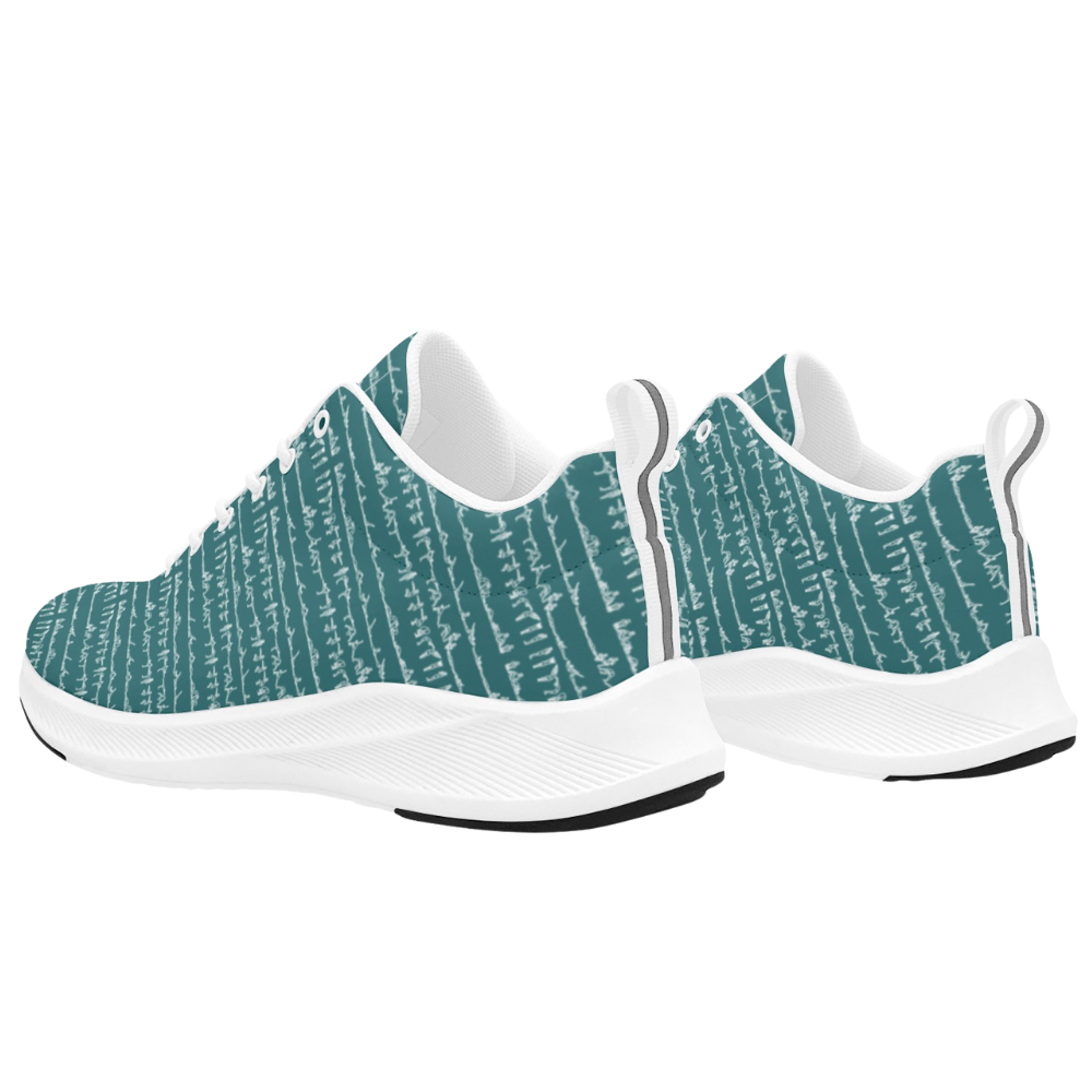 Teal and white women's runners with a textured pattern, featuring a breathable faux suede upper and reflective details.