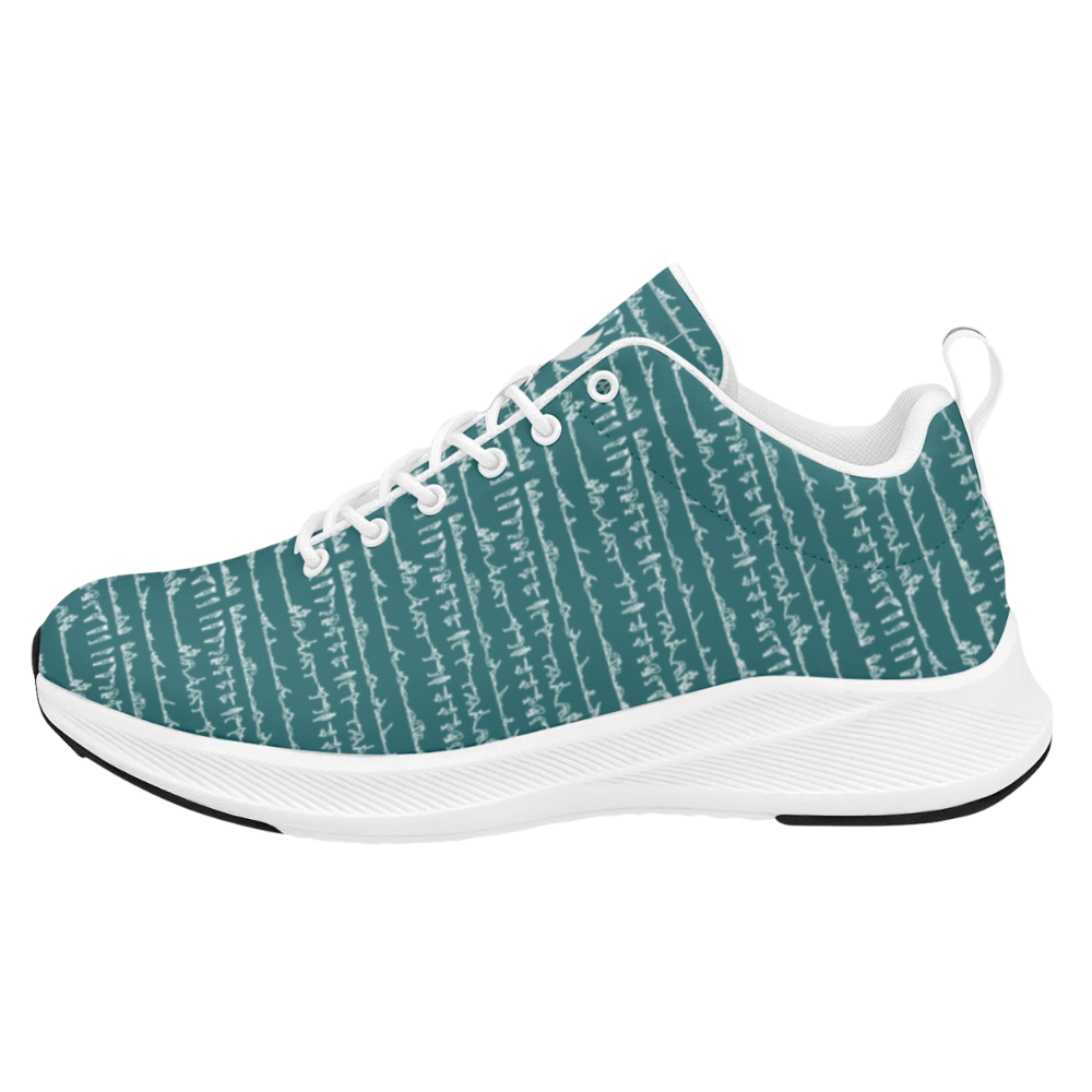 Bikram Ember iSquared Women Runners featuring a teal and white striped pattern, with a breathable faux suede upper and white sole.