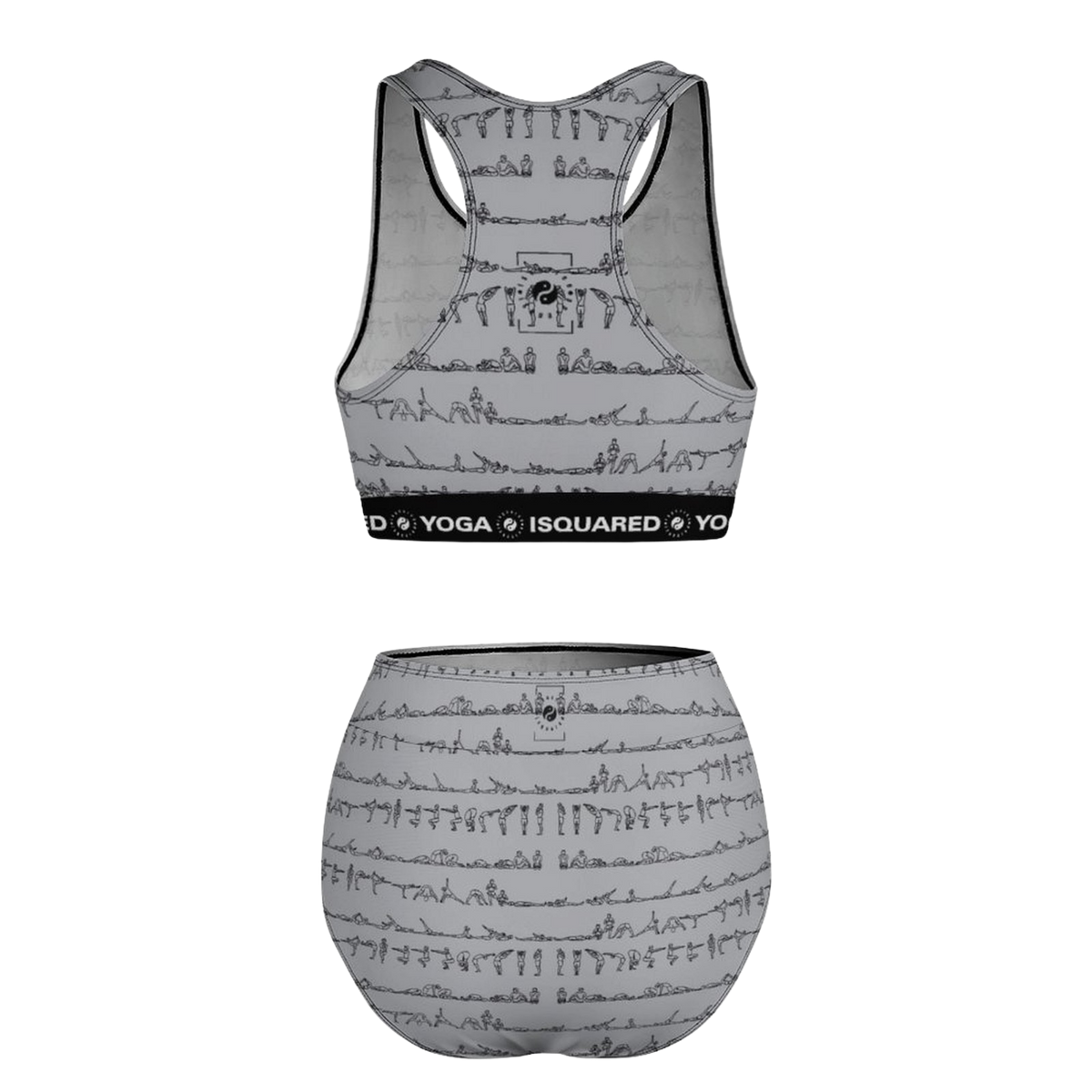 Light grey hot yoga bikini set featuring black yoga pose illustrations, with a racerback top and high-waisted bottoms.