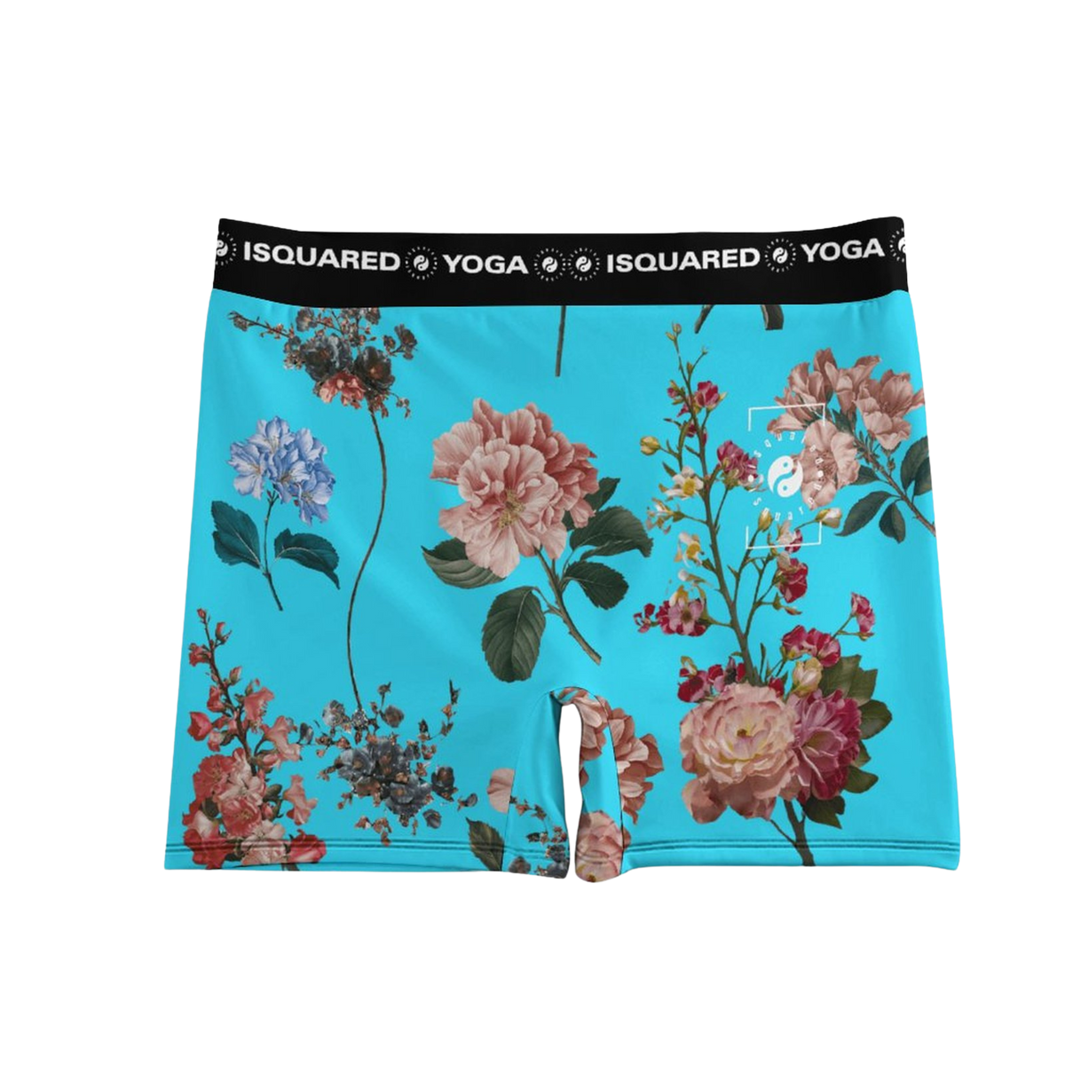 Vibrant turquoise yoga shorts featuring an all-over floral print, with a wide black waistband labeled "iSquared Yoga.