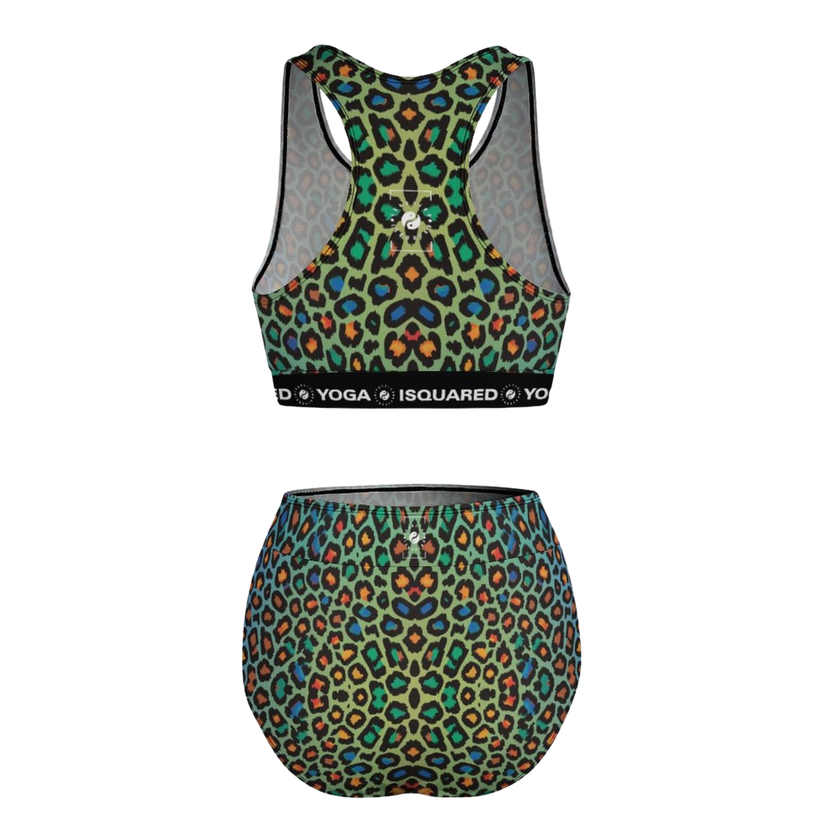 Wild Leopards hot yoga bikini set in vibrant greens and blues, featuring a racerback top and high-waisted bottom with leopard print.