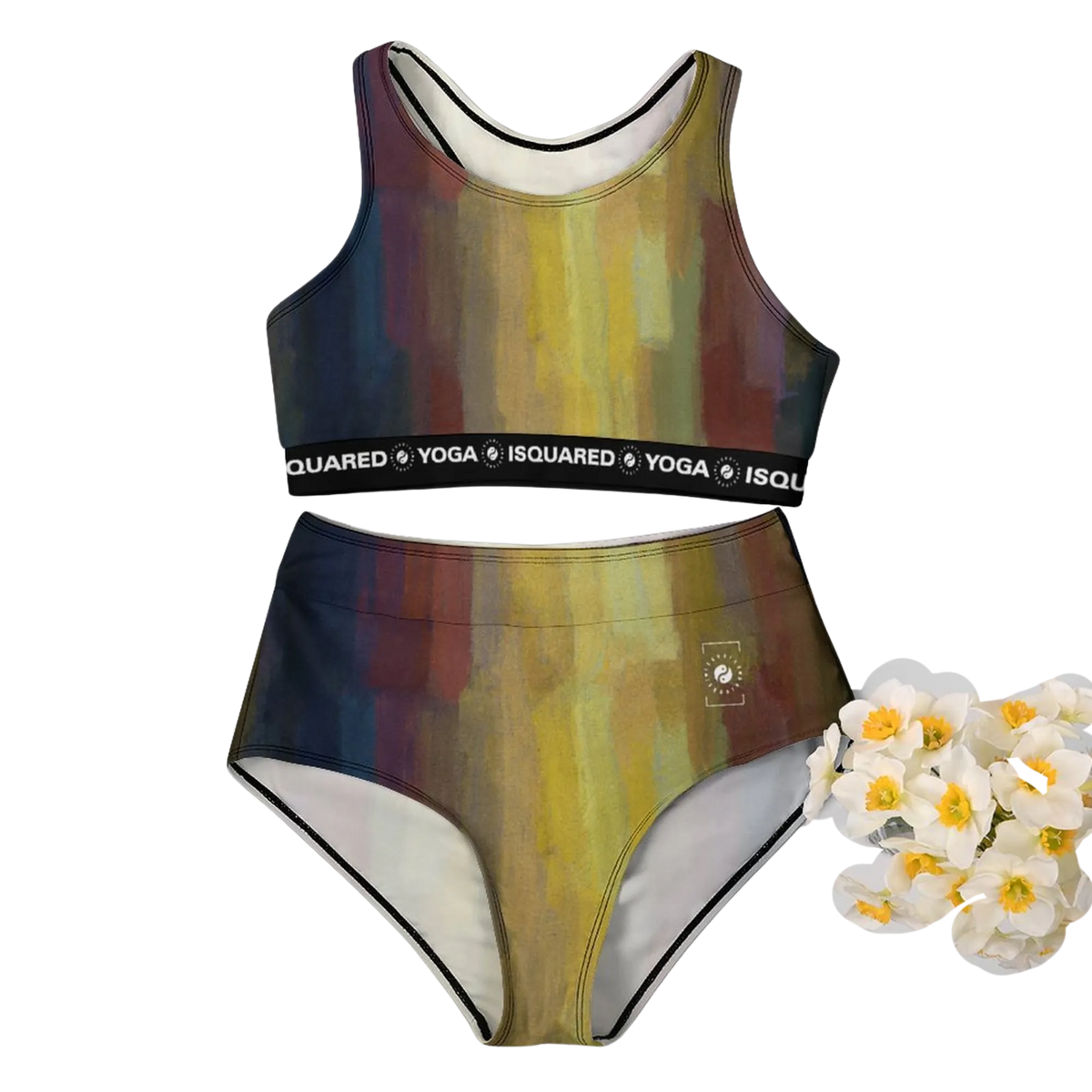 Hot Yoga Bikini Set featuring a colorful abstract print in shades of yellow, brown, and blue; includes a crop top and high-waisted bottoms.