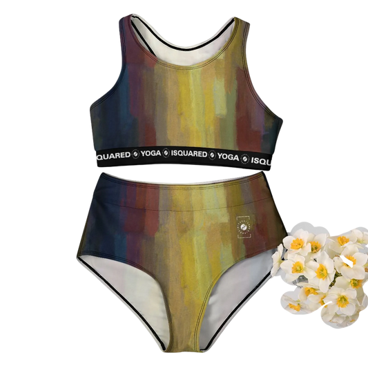 Hot Yoga Bikini Set featuring a colorful abstract print in shades of yellow, brown, and blue; includes a crop top and high-waisted bottoms.