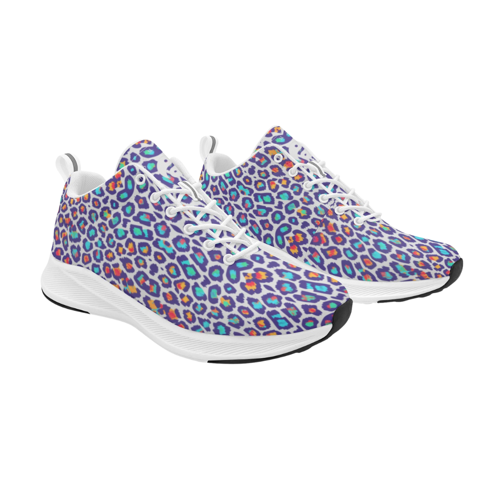 Colorful leopard print runners in vibrant purples, blues, and oranges. Features a breathable faux suede upper and white soles.