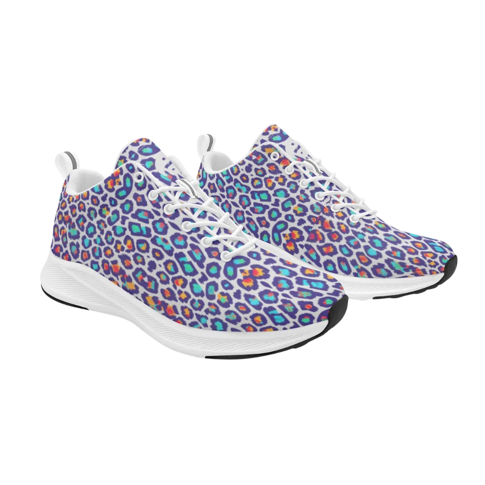 Colorful leopard print runners in vibrant purples, blues, and oranges. Features a breathable faux suede upper and white soles.