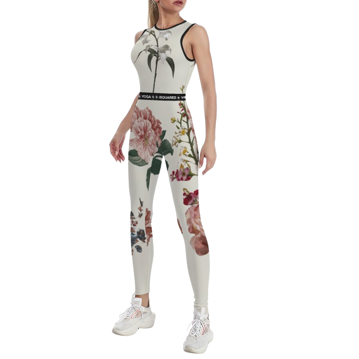 Sleeveless white jumpsuit featuring a floral print, body-con silhouette, and black logo waistband, paired with white sneakers.