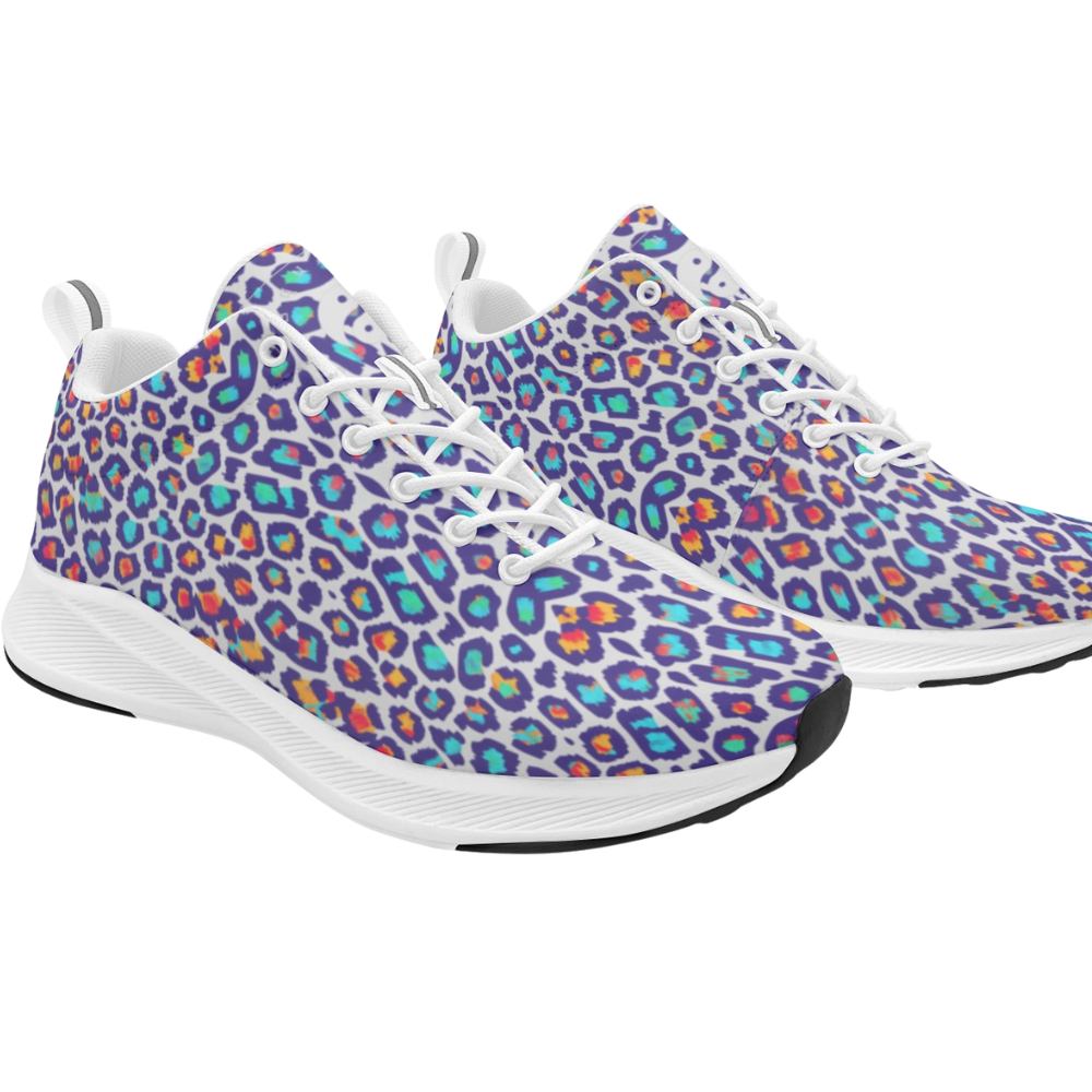 Colorful runners featuring a vibrant leopard print in purple, turquoise, and orange, with a white sole and laces.