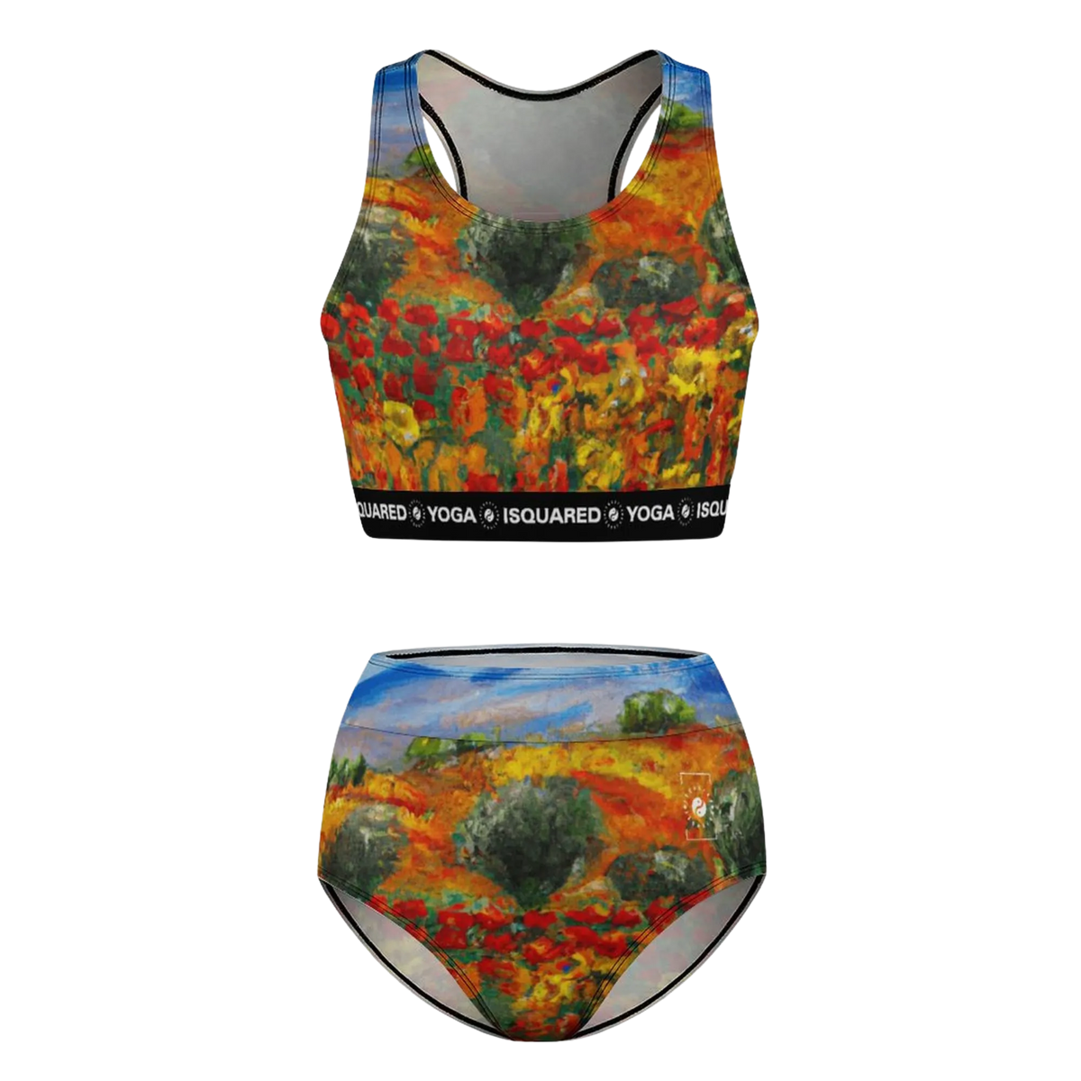 Hot Yoga Bikini Set featuring a vibrant floral print in red and orange. Comes with a matching high-waisted bottom.