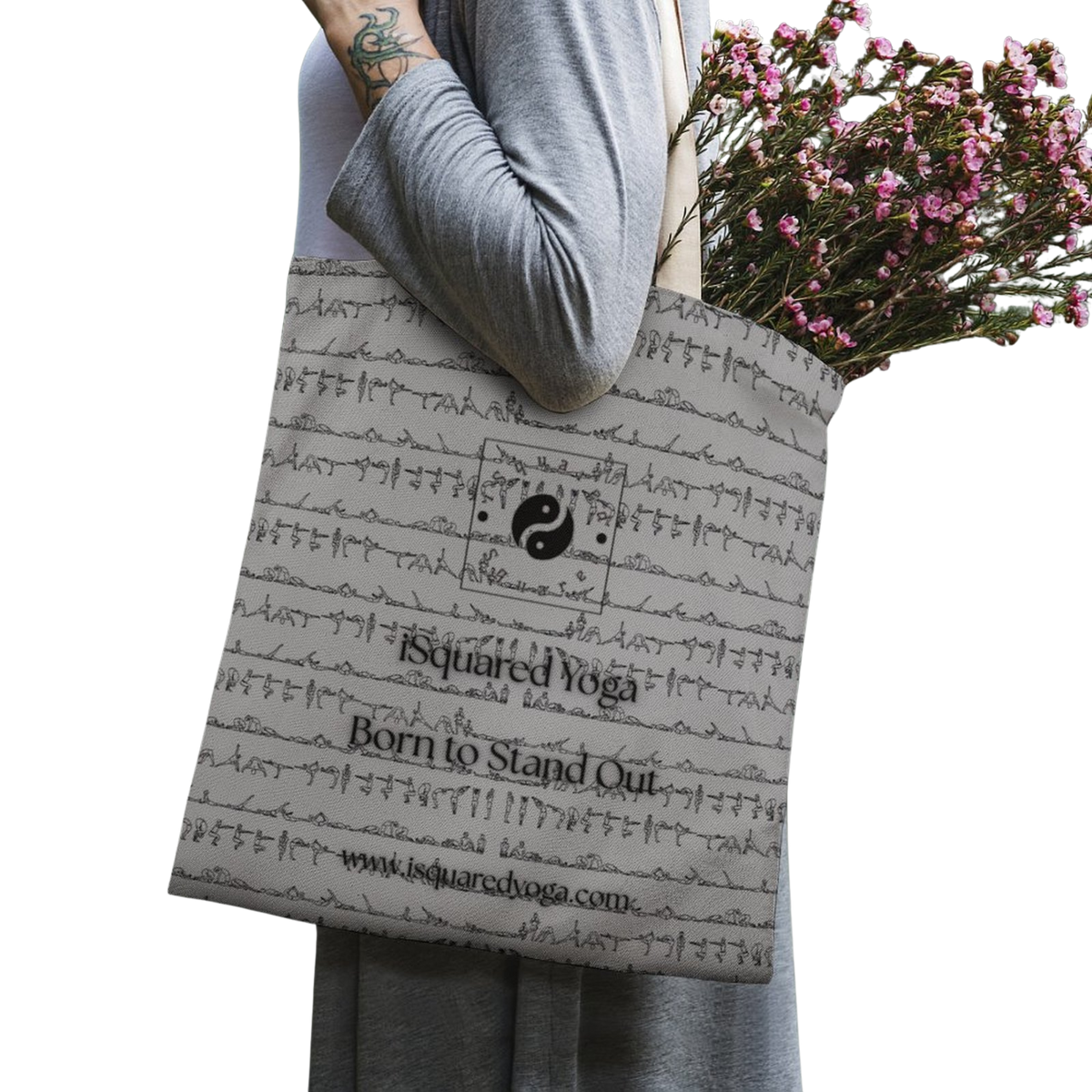 Bikram Pastel iSquared Yoga tote bag in 100% cotton canvas with double-sided 26-posture Bikram series print