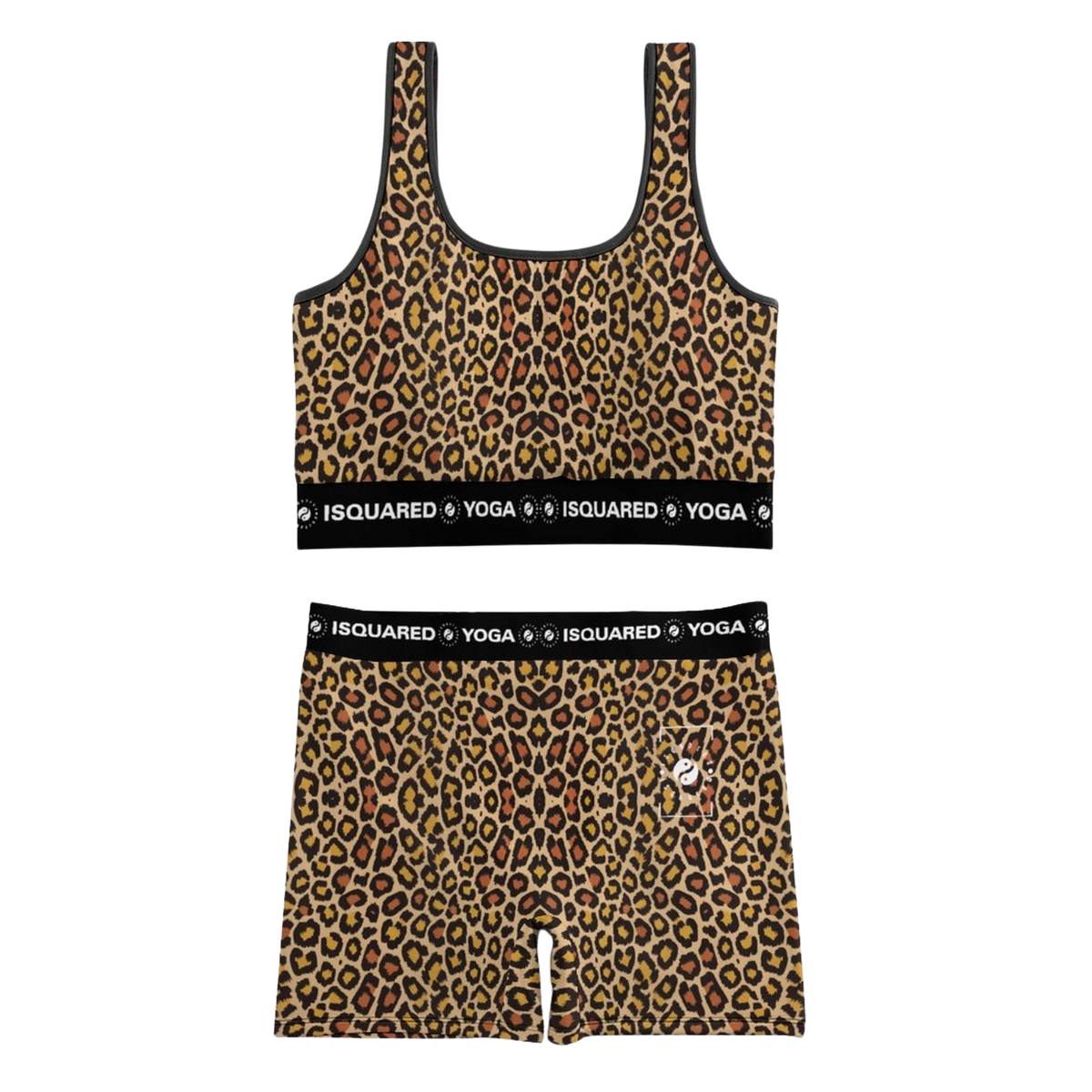 Wild Leopards iSquared Yoga Set featuring a classic leopard print in golden and black, with a sporty crop top and shorts.