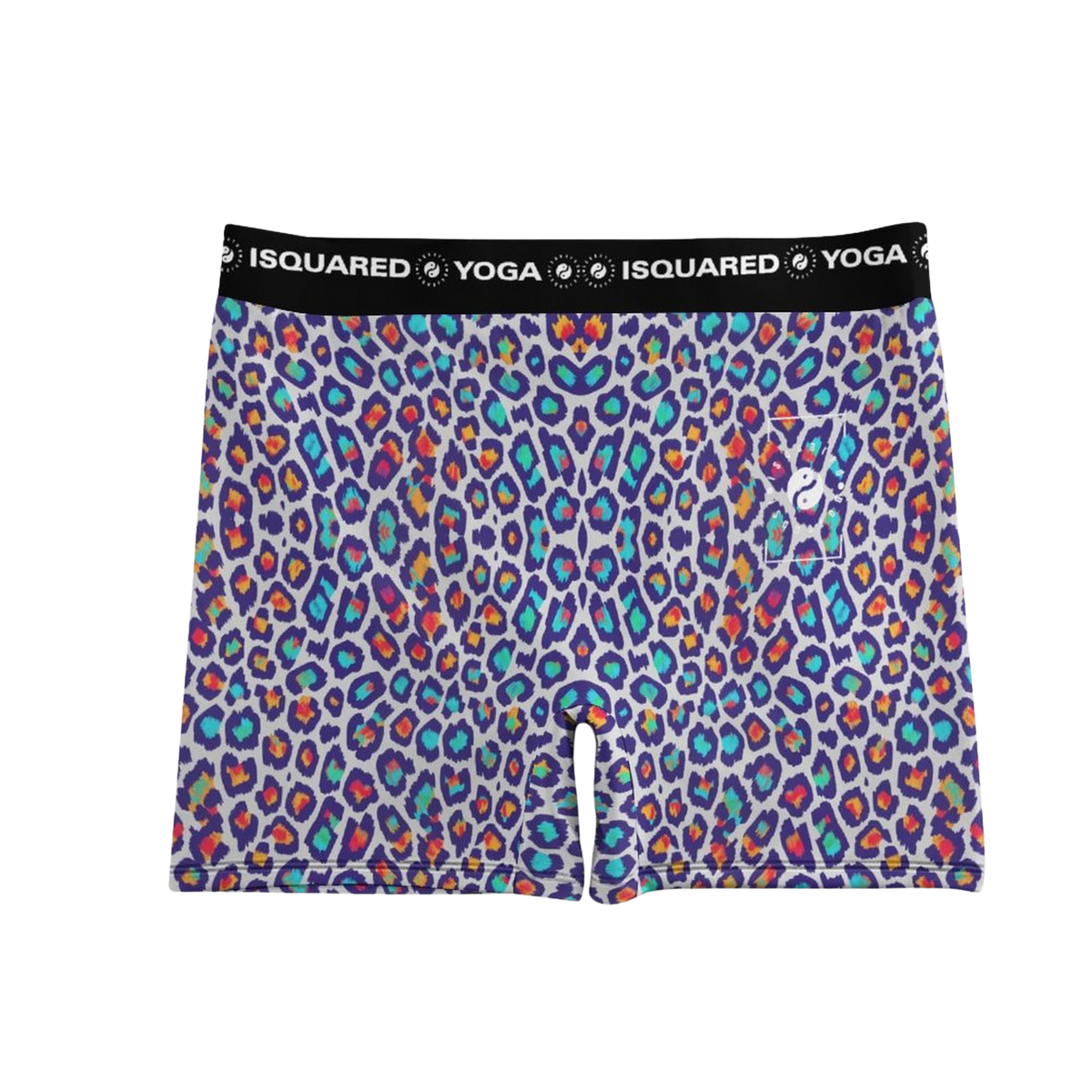 Vibrant purple shorts with colorful leopard print and a black waistband featuring iSquared Yoga branding.