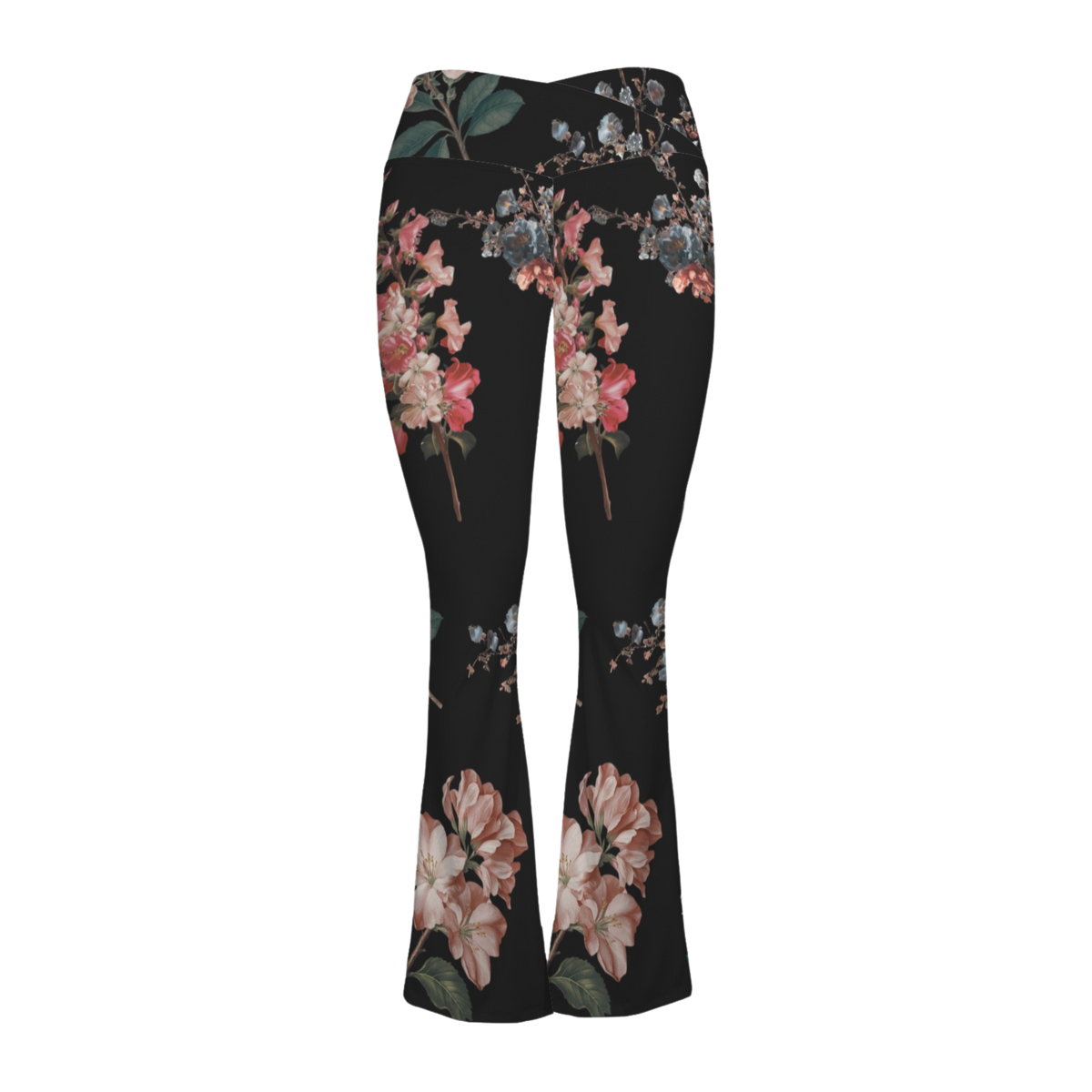 Black Cross Waisted Flair Leggings with vibrant floral patterns, featuring a crossover waistband and flared legs.
