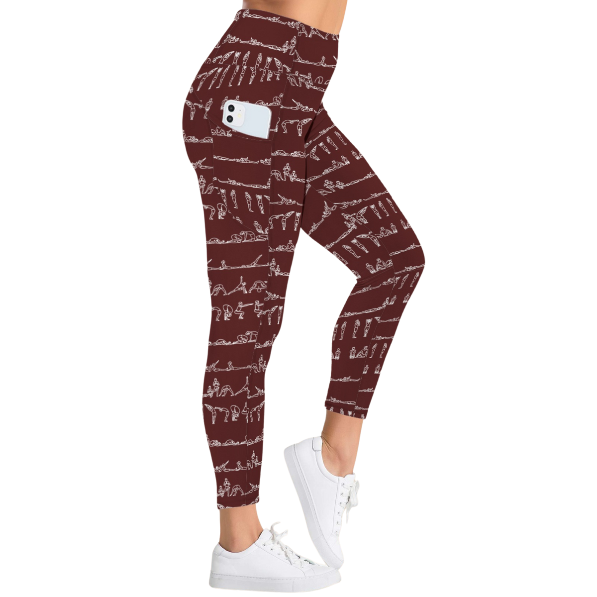 Bikram Ember pocket leggings in burgundy with white yoga pose design, high-rise fit, and side pocket, paired with white sneakers.