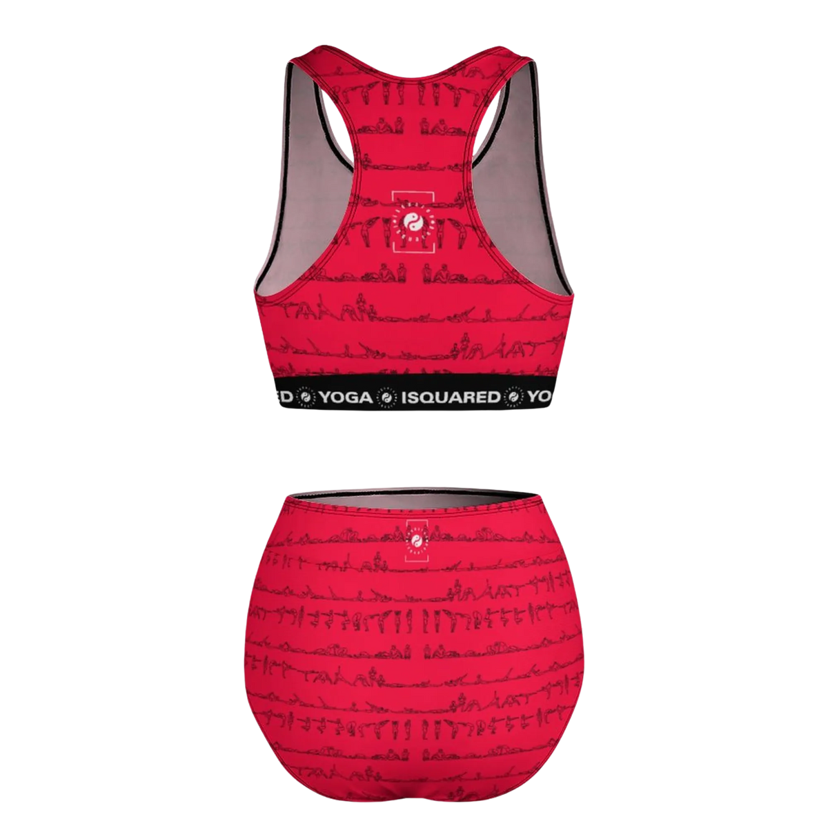 Red Bikram Series Hot Yoga Bikini Set featuring a design with yoga poses, racerback top, and elastic waistband shorts.
