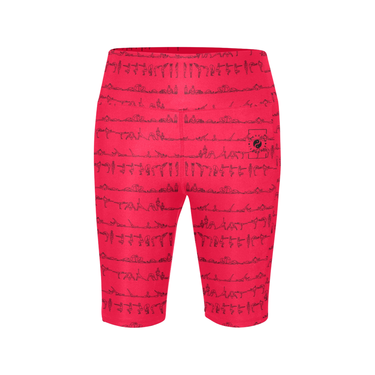 High-waisted pink biker shorts featuring a black printed design of yoga poses. Suitable for activewear and workouts.
