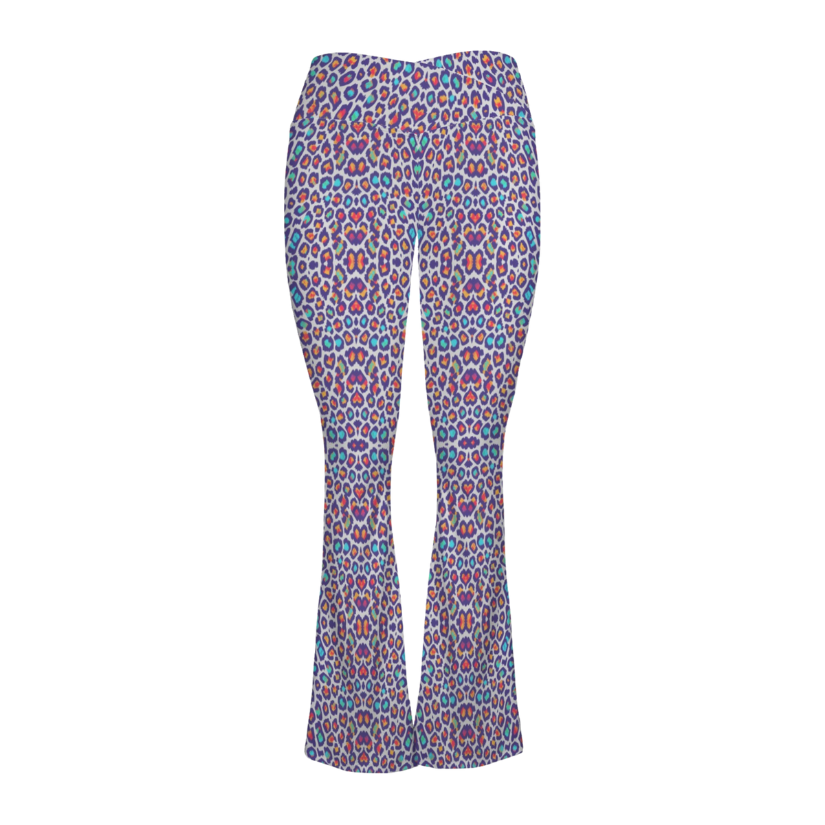 Wild Leopards cross waisted flare leggings in vibrant colors with a playful leopard print pattern and a comfortable fit.