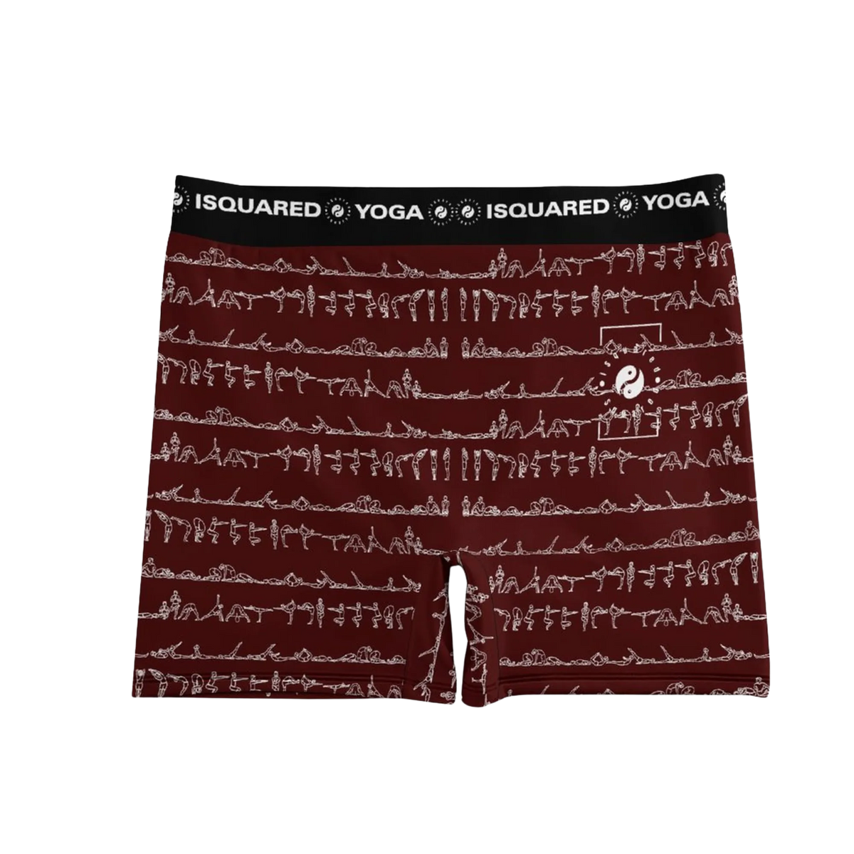 Bikram Ember iSquared Yoga Shorts in dark red with white yoga pose prints and a wide black waistband.