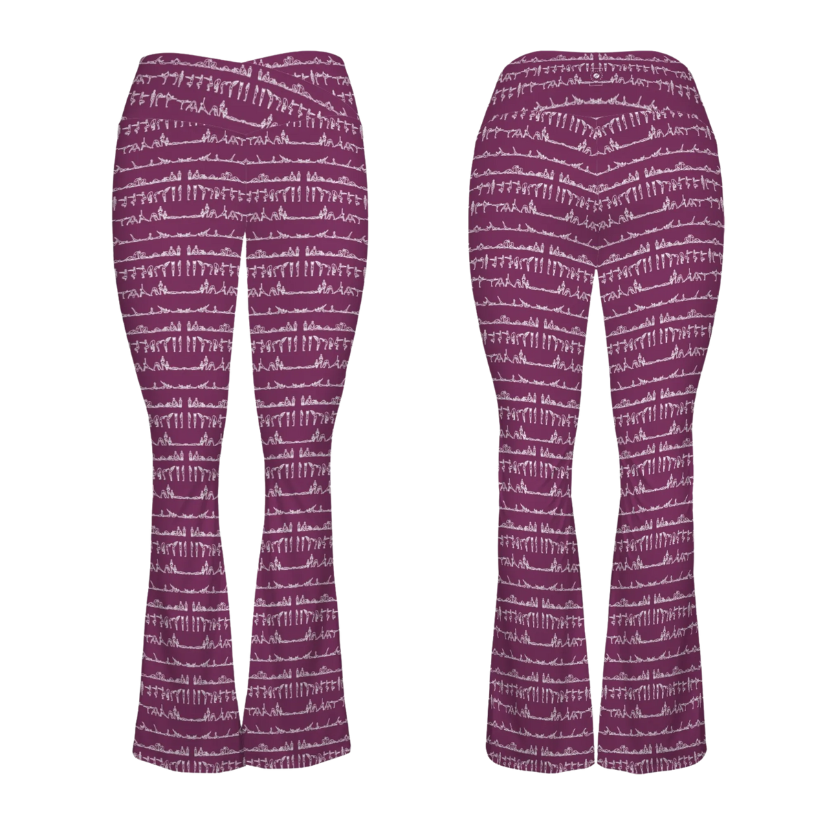 Bikram Ember Cross Waisted Flair Leggings in deep burgundy with a white yoga-inspired print and flared leg design.