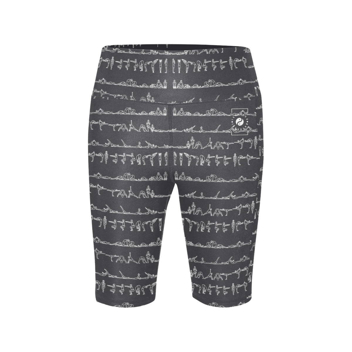 High-waisted biker shorts in dark gray with a white yoga posture print, featuring a side pocket for storage.