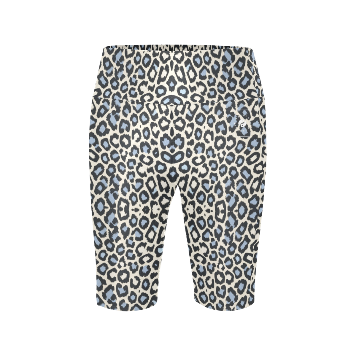 High-waisted biker shorts in a wild leopard print featuring blue and black spots on a light beige background.