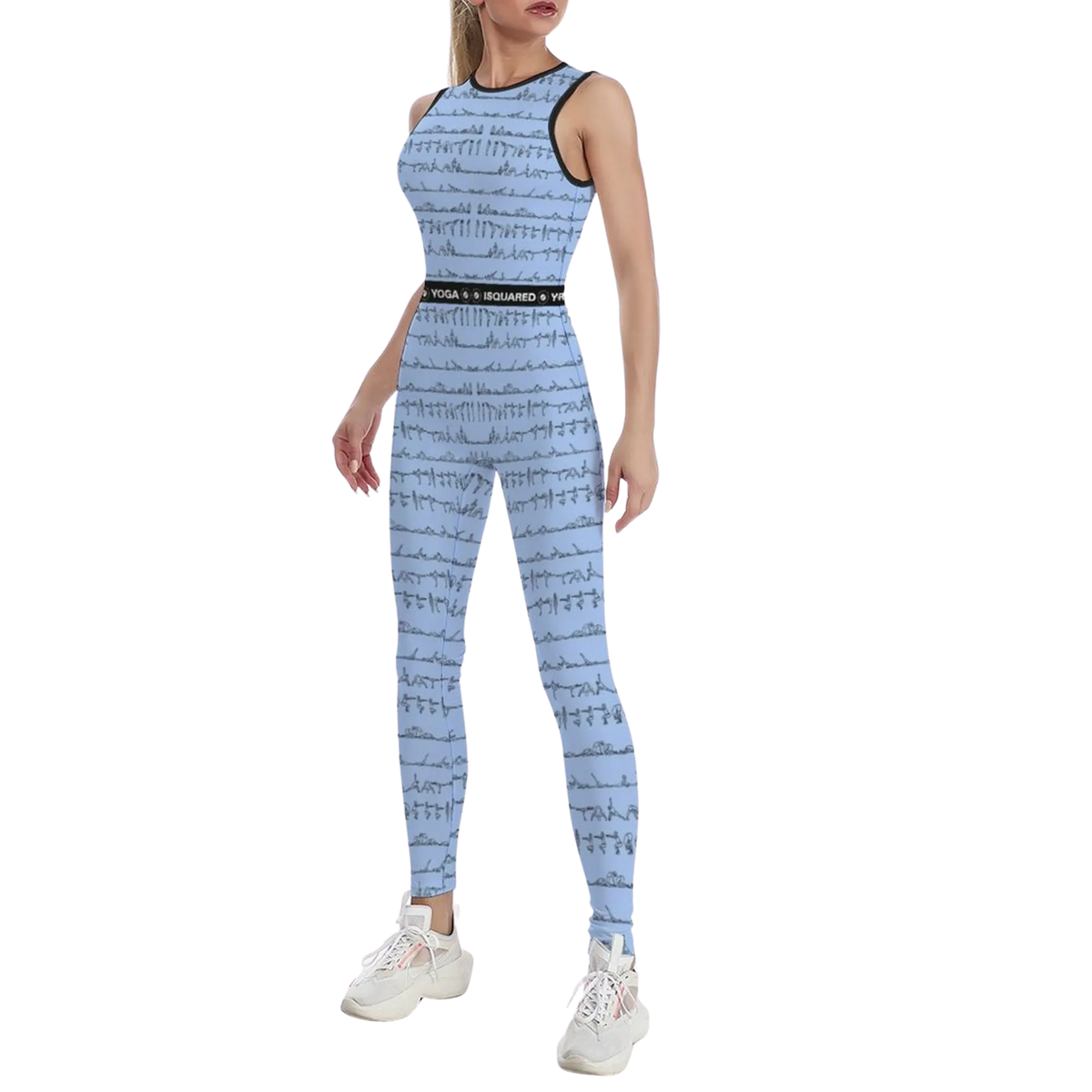 Sleeveless, light blue jumpsuit with an abstract pattern, fitted design, and a black waistband; worn with white sneakers.