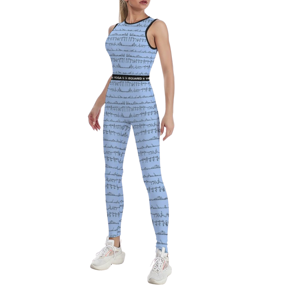 Sleeveless, light blue jumpsuit with an abstract pattern, fitted design, and a black waistband; worn with white sneakers.