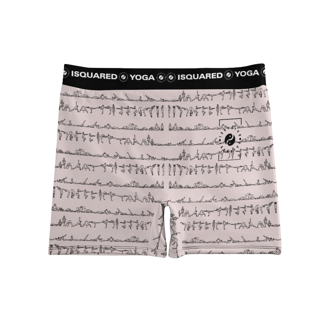 Bikram Pastel iSquared Yoga Shorts in soft pink with black yoga pose motifs and a wide elastic waistband.