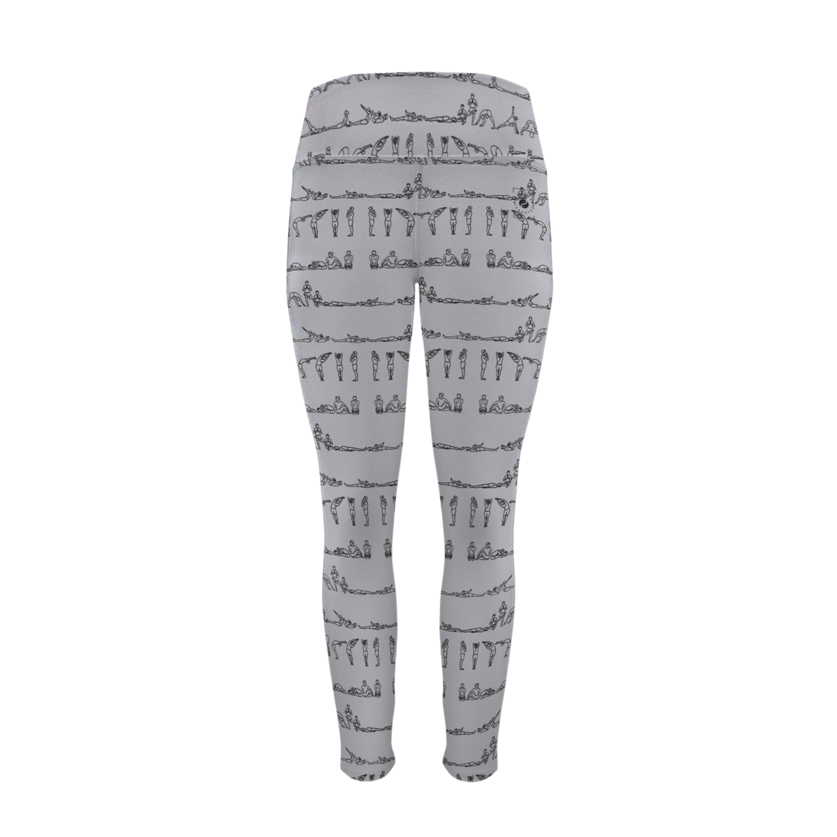 Bikram Pastel iSquared Pocket Leggings in pale grey, featuring black yoga poses printed in a repeating pattern.