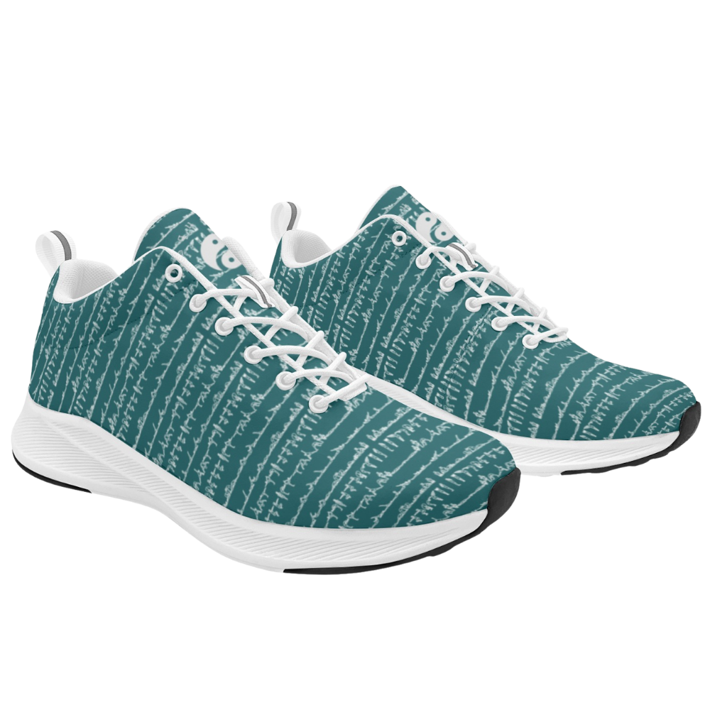 Bikram Ember iSquared Women Runners featuring a teal patterned upper with white laces, a cushioned sole, and a sleek design.
