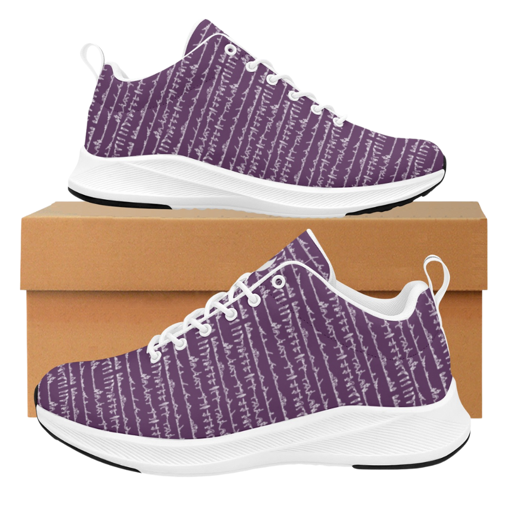Bikram Ember iSquared Runners in purple with a unique pattern, featuring a breathable faux suede upper and white soles.